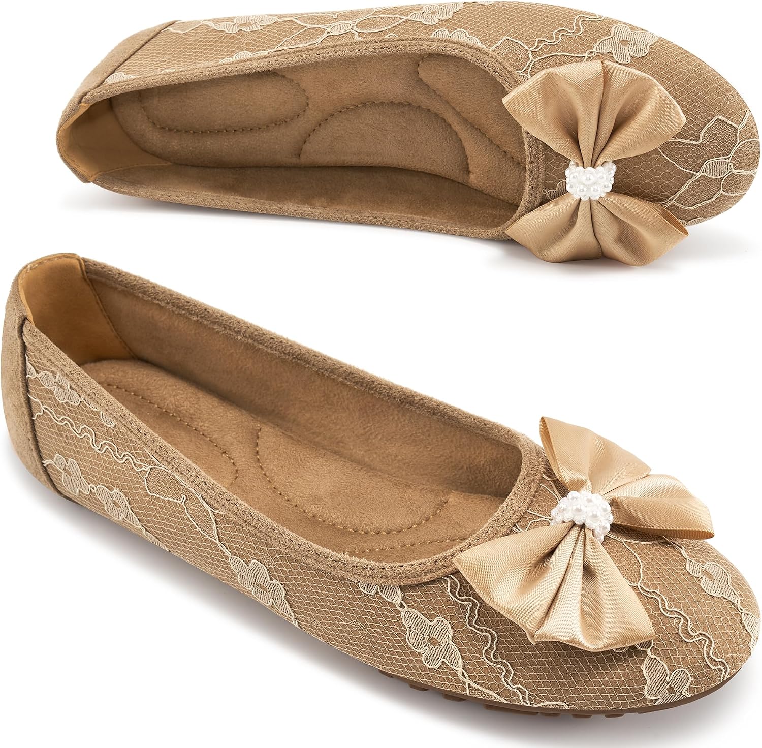 HARENCE Ballet Flats for Women Dressy: Comfortable Round Toe Bow Lace Mesh Wedding Flat Casual Slip On Walking Work Dress Shoes