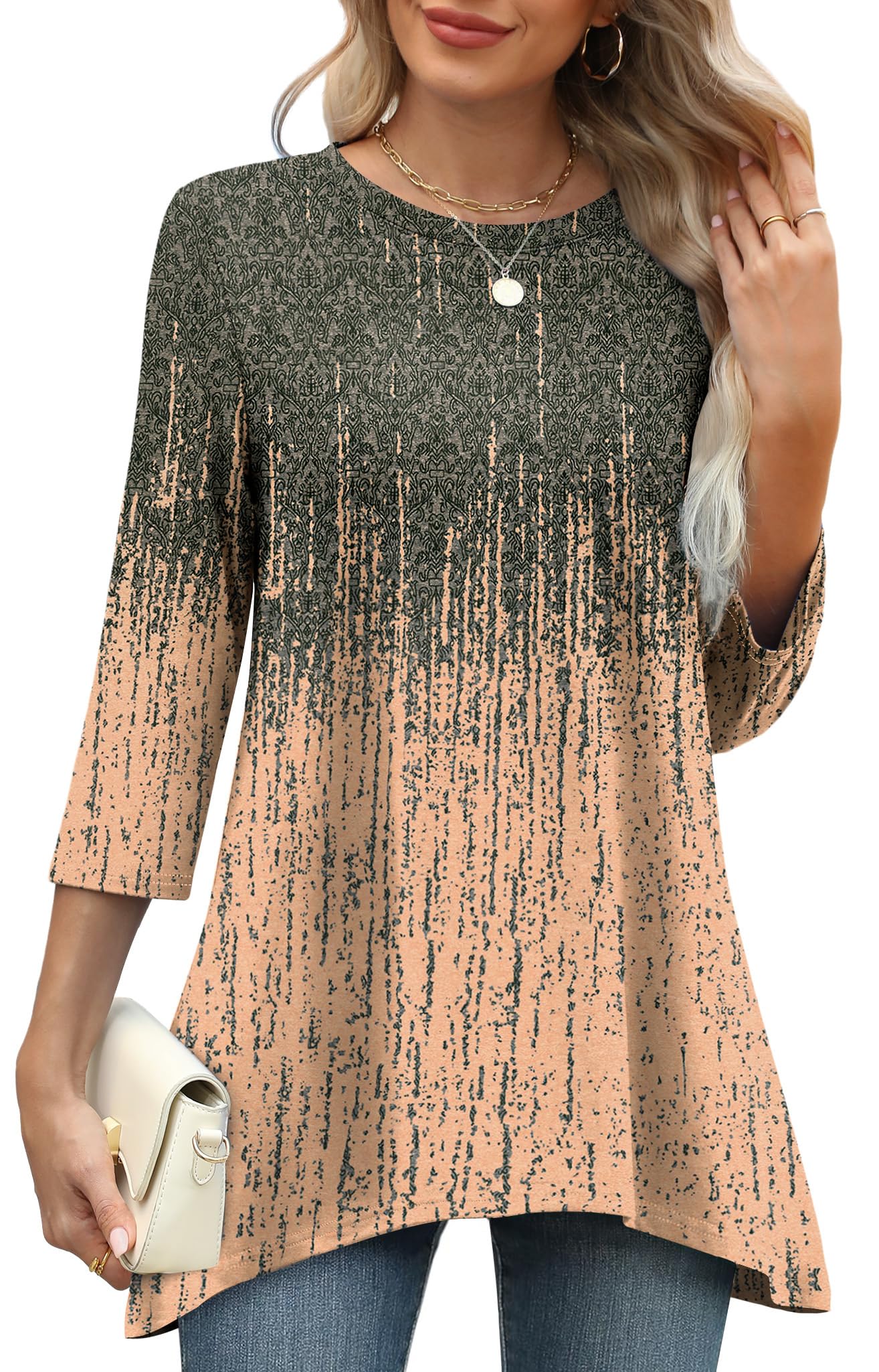 OFEEFAN Tunic Tops for Women Loose Fit Dressy 3/4 Length Sleeve Womens Tops with Asymmetrical Hem S-4XL