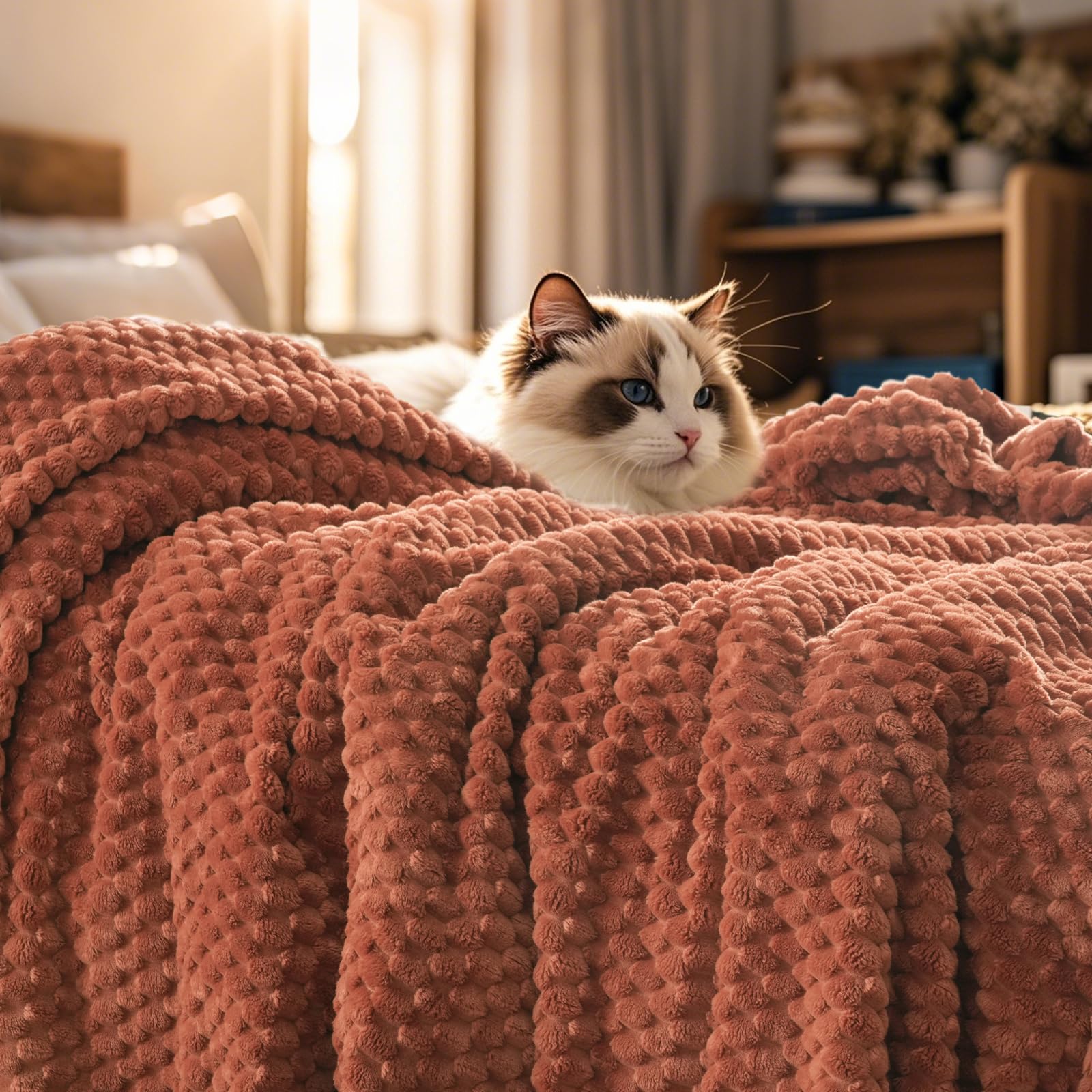 phf ultra soft flannel fleece blanket king size, lightweight 3d jacquard fleece blanket, no shedding, no pilling, luxury 340gsm aesthetic fluffy cozy for bed room decor, 108"x90", terracotta