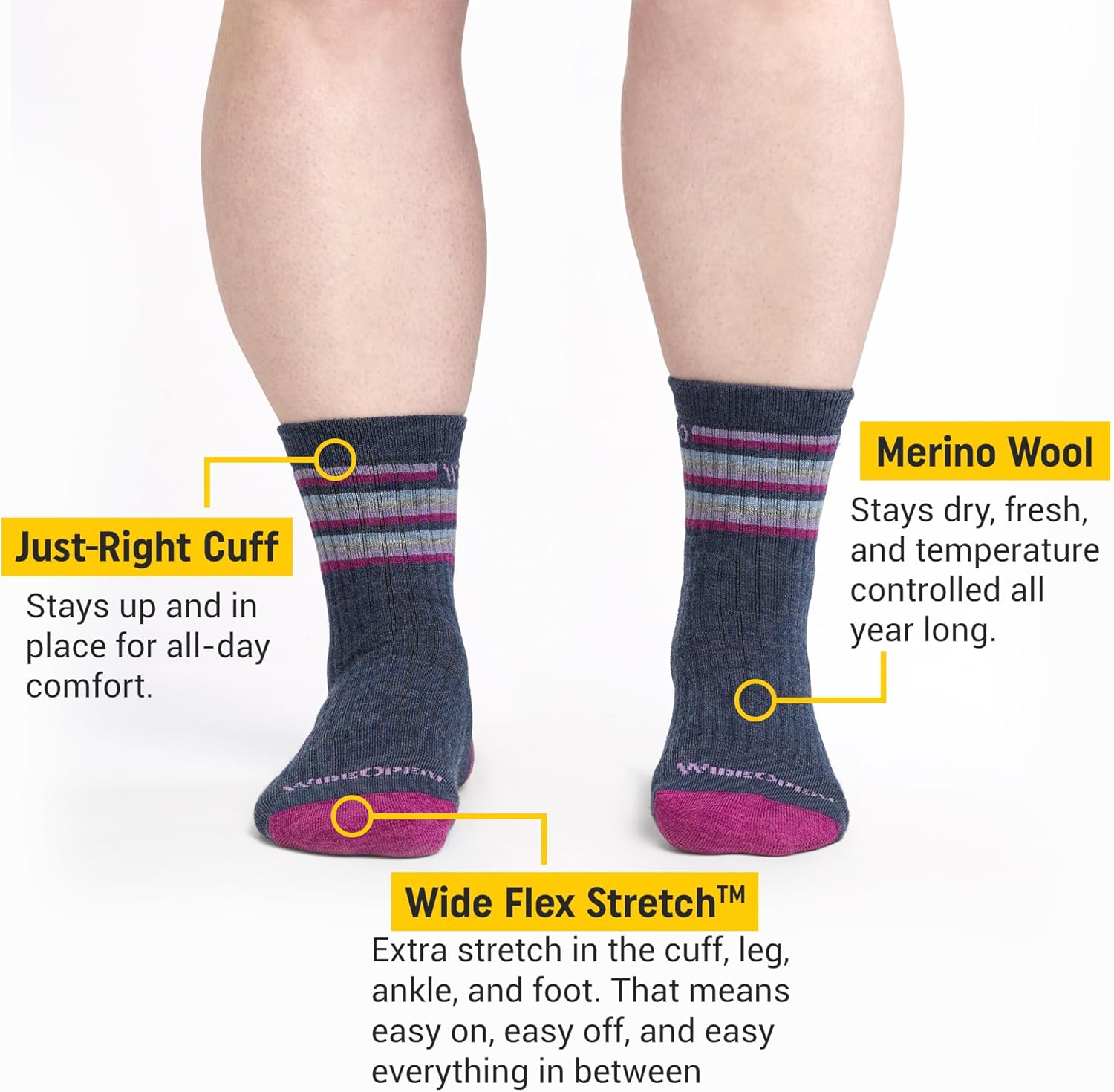 Wide Open Micro Crew Women's Merino Wool Socks - Multi Stripe Everyday Wide Ankle Socks for Wide Feet - Image 2