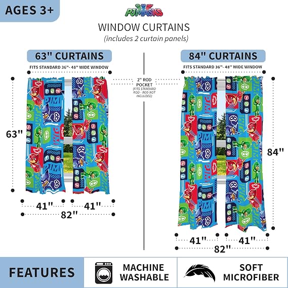Franco Kids Room Window Curtains Drapes Set, 82 in x 63 in, PJ Masks