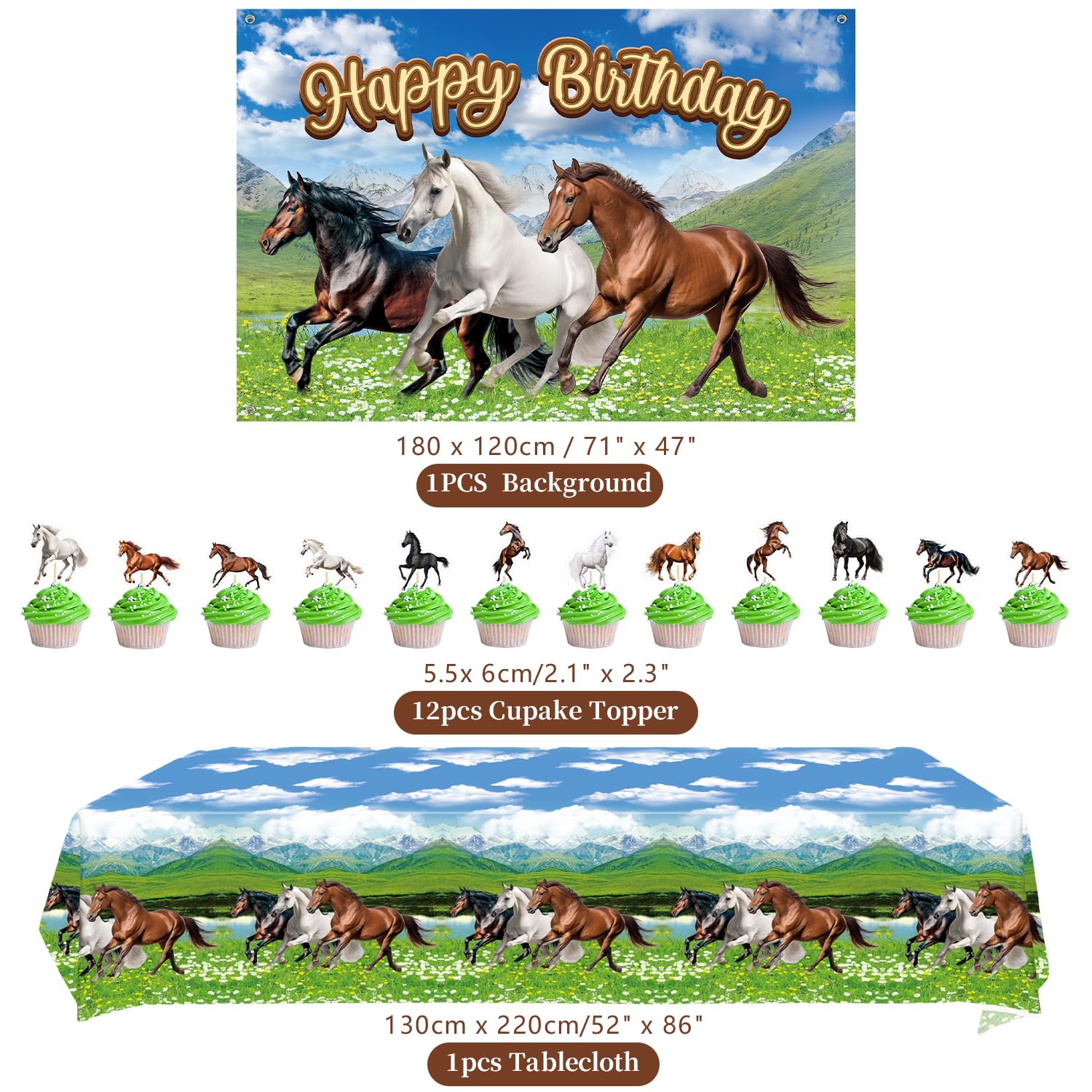 Décoration de Fête d'Anniversaire Cheval et Cowboy - Assiettes, Tasses, Serviettes, Nappe, Toile de Fond 'Happy Birthday', Ballons pour Gâteau