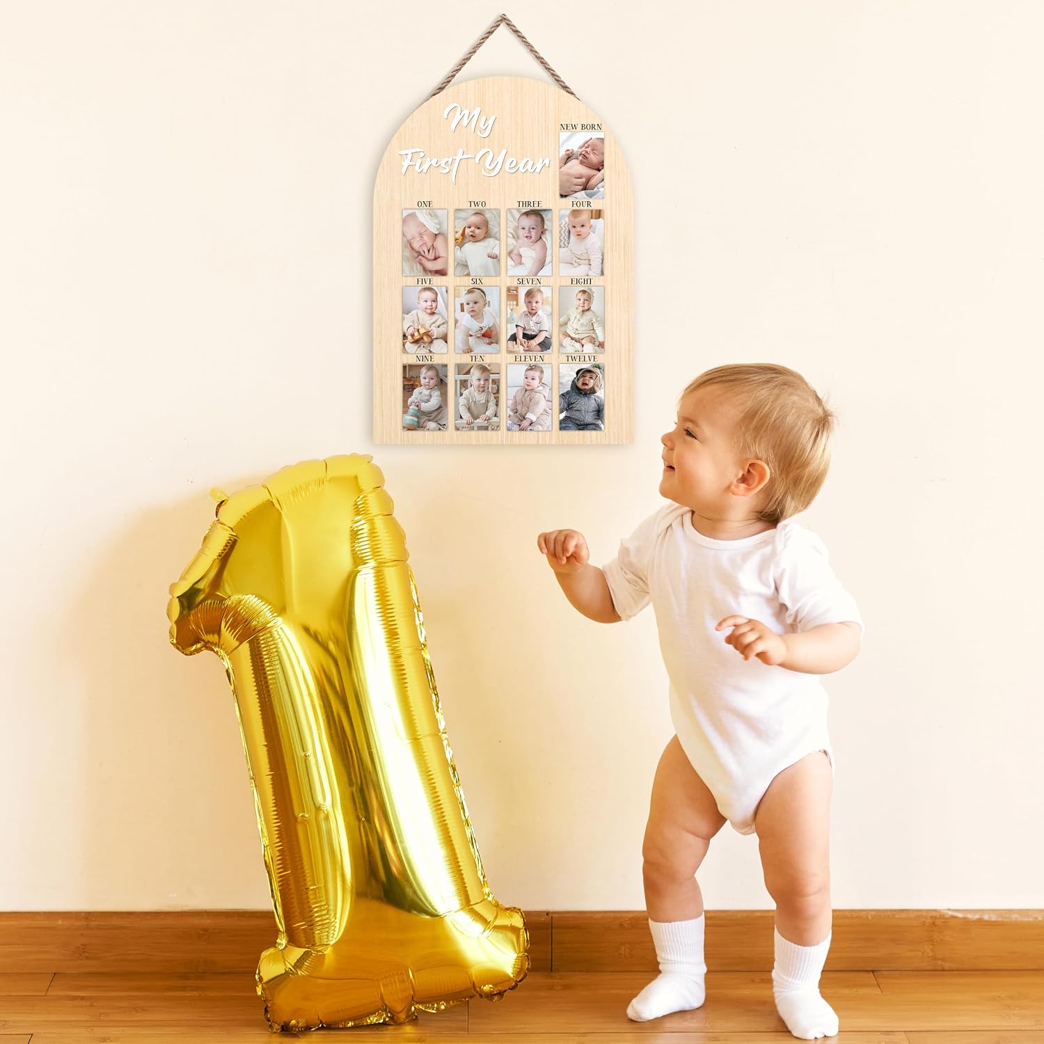 My First Year Photo Board, Baby's First Year Photo Frame 12 Monthly Milestone Picture Frame, Gift for Newborn Baby 1st Birthday Memories Nursery Decoration -01