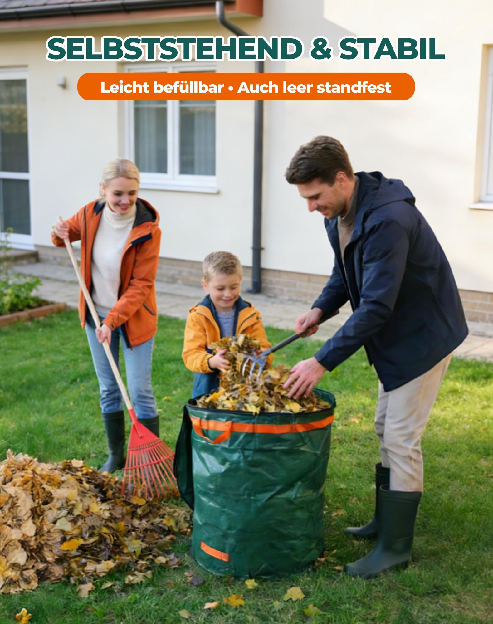 LAOYE 3x Gartenabfallsack Stabil mit Deckel 272L Laubsack Groß Gartensack Selbststehend Grünschnittsack Grünabfallsäcke Garten Abfallsack für Laub Rasen