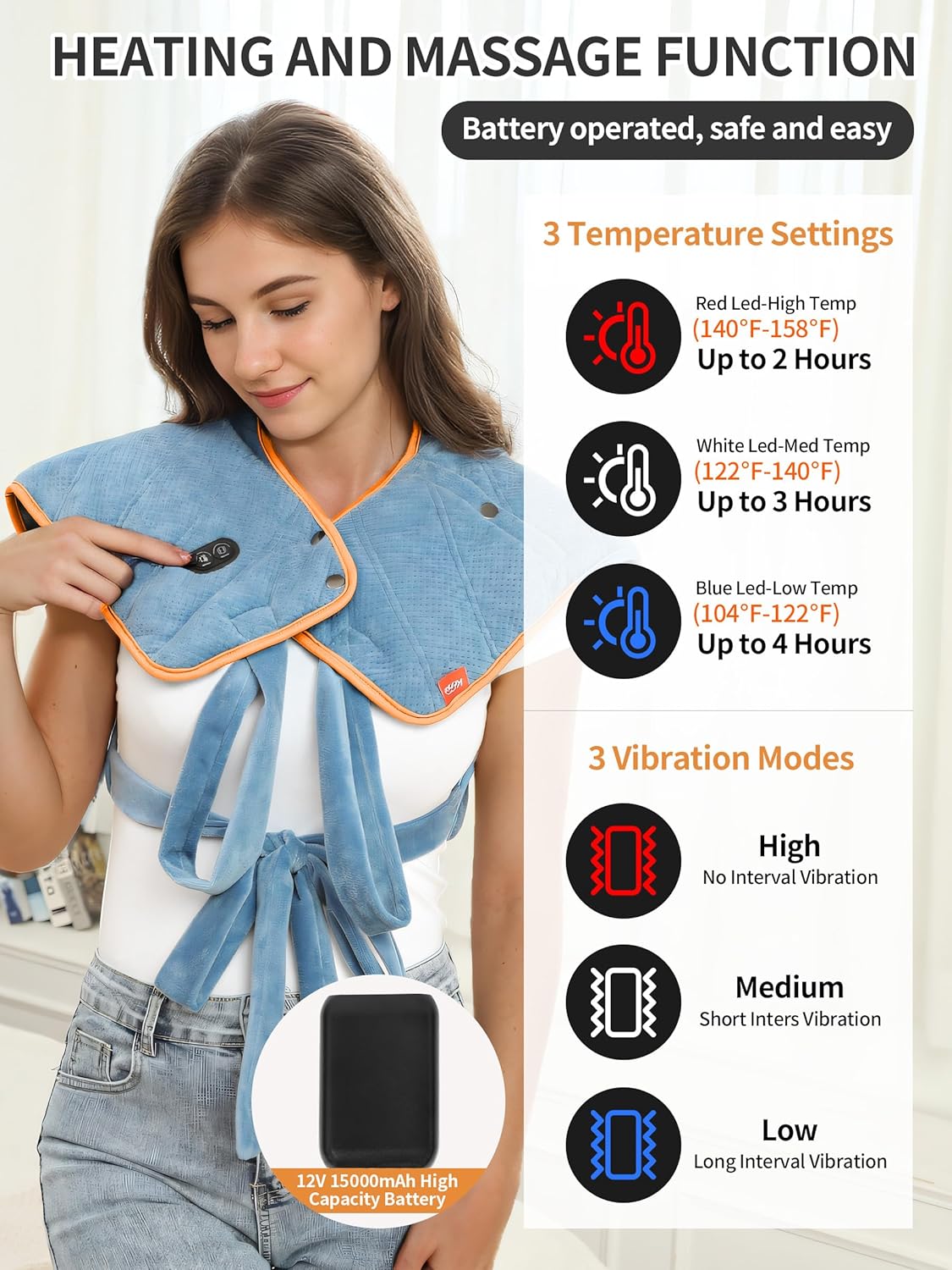 Vofuoti Heating Pad for Neck and Shoulders,12V Portable Cordless Heating Pads with 15000mAh Battery and Massager, Weighted Electric Heated Neck Shoulder Wrap 3 Heat Settings, Gifts for Women Men