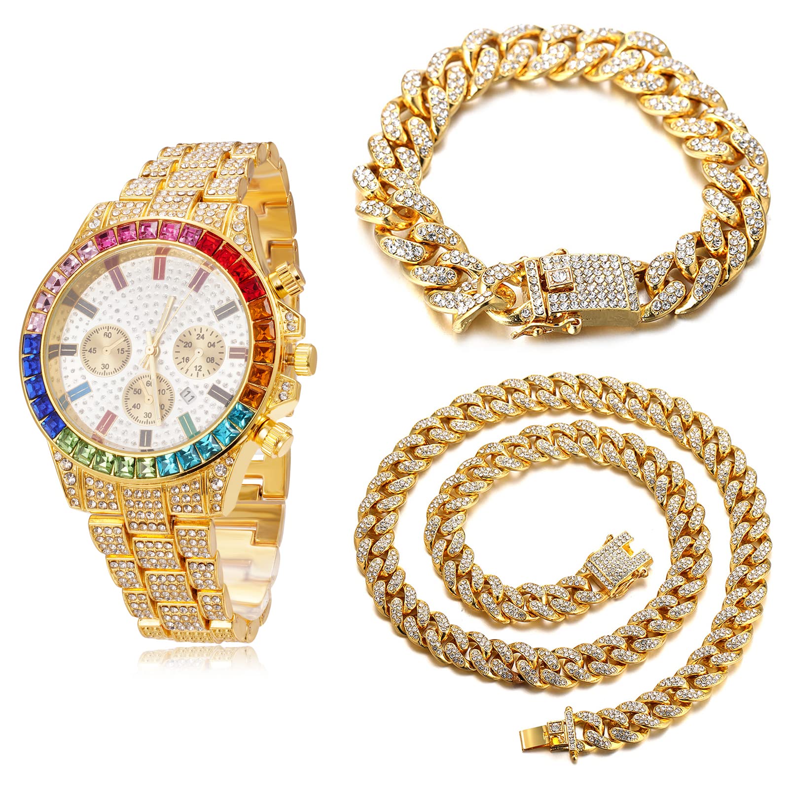 HALUKAKAH Reloj con Diamantes Multicolor, Chapado en Oro de 18 Quilates/Oro Rosa/Blanco Platino, 40MM Esfera Blanca, Cuarzo, Cadena Cubana, Collar y Pulsera