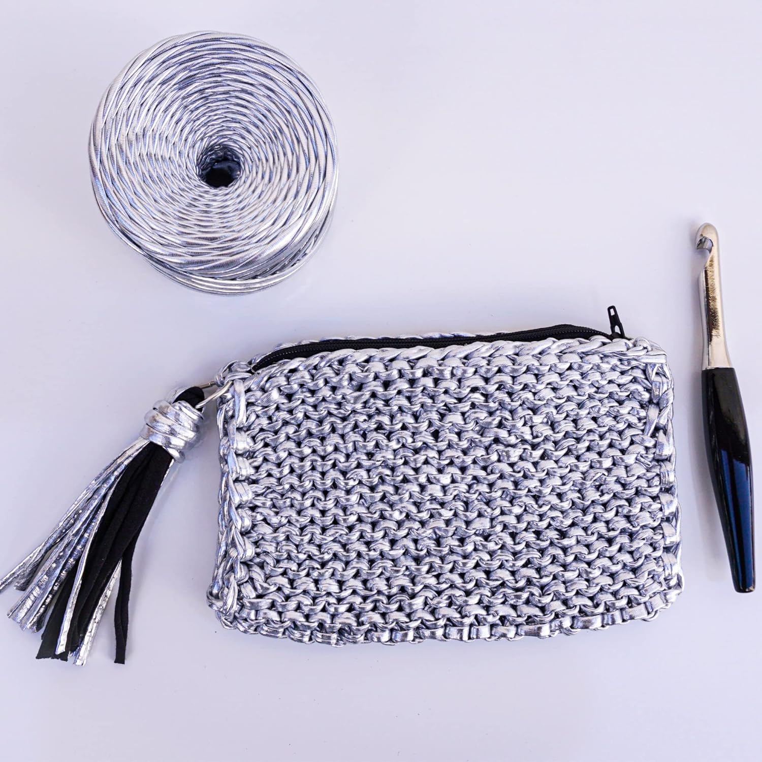 Metallic T-Shirt Yarn for Crocheting Baskets, Bags, Rugs and Home Decor. (Silver)