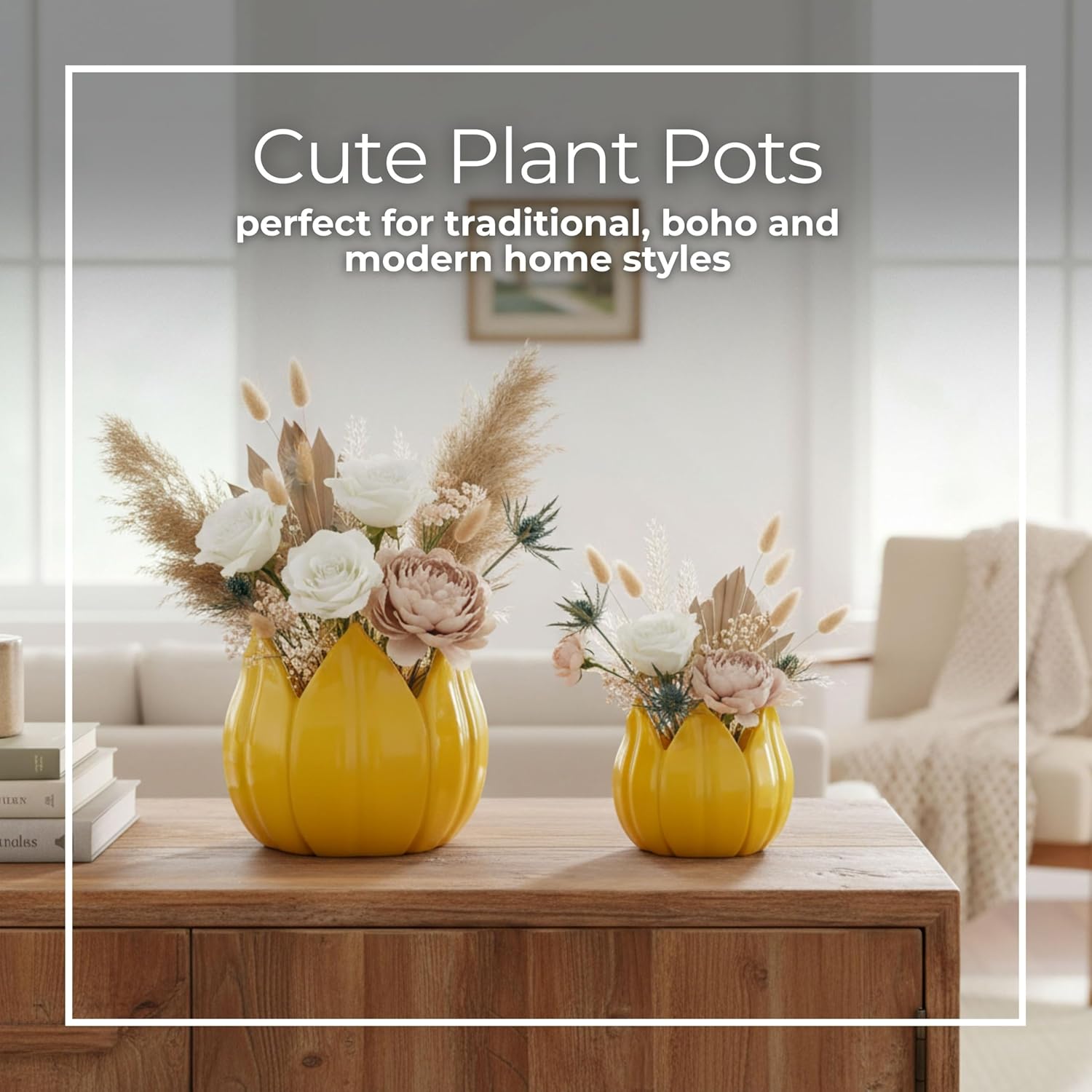 Set of 2 Petal Decorative Planter Pot – Ceramic Stoneware Outdoor and Indoor Plant Pot – Modern Garden and Home Decor Ceramic Planters – Stylish Pots for Plants with Drainage - 5" & 8", Yellow