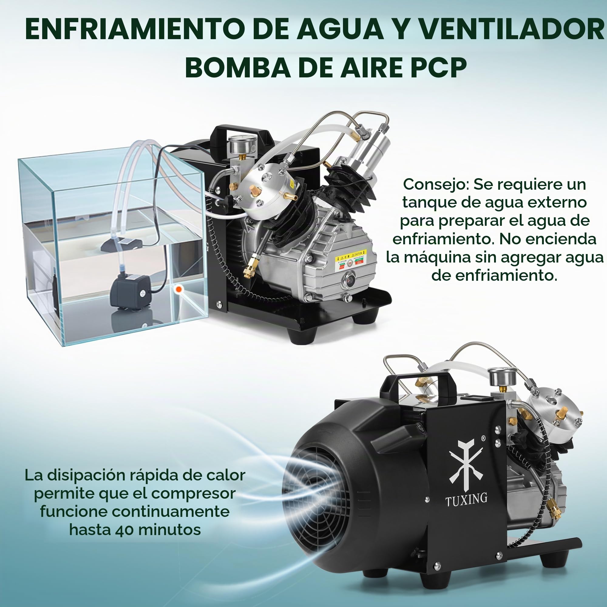 Compresor de aire TUXING 4500Psi Pcp, compresor de aire de tanque de buceo, compresor de aire de alta presión de mini cilindro doble para llenado de tanque de paintball/buceo 220 V (TXEDM041)