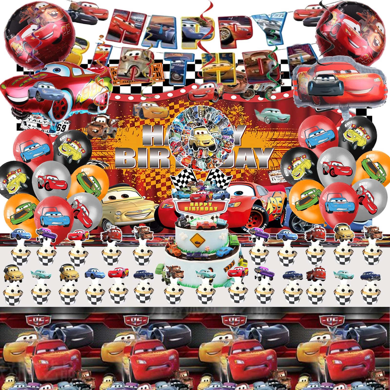 Décoration d'anniversaire Cars, Ensemble de 104 pièces, Ballons 3D, Nappe, Autocollants, Décoration tourbillon, Décoration de gâteau, Bannière, Convient pour la décoration d'anniversaire des garçons
