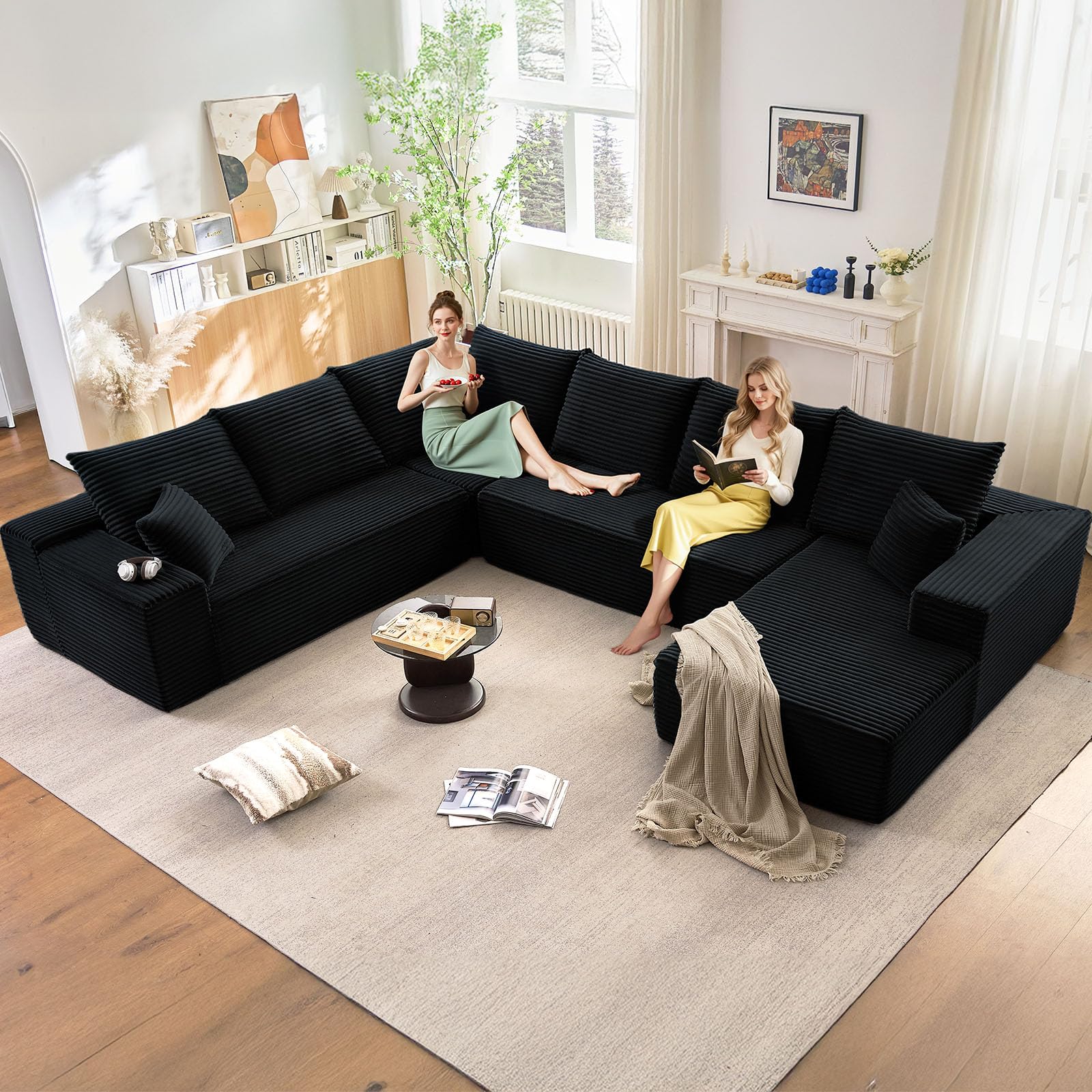 Oversized Modular Sectional Sofa Couch, Large 6 Seater Corner Sofa Modern U Shaped Sectional Couch Cloud Couches for Living Room, Office, Spacious Space, Corduroy, No Assembly Required, Black