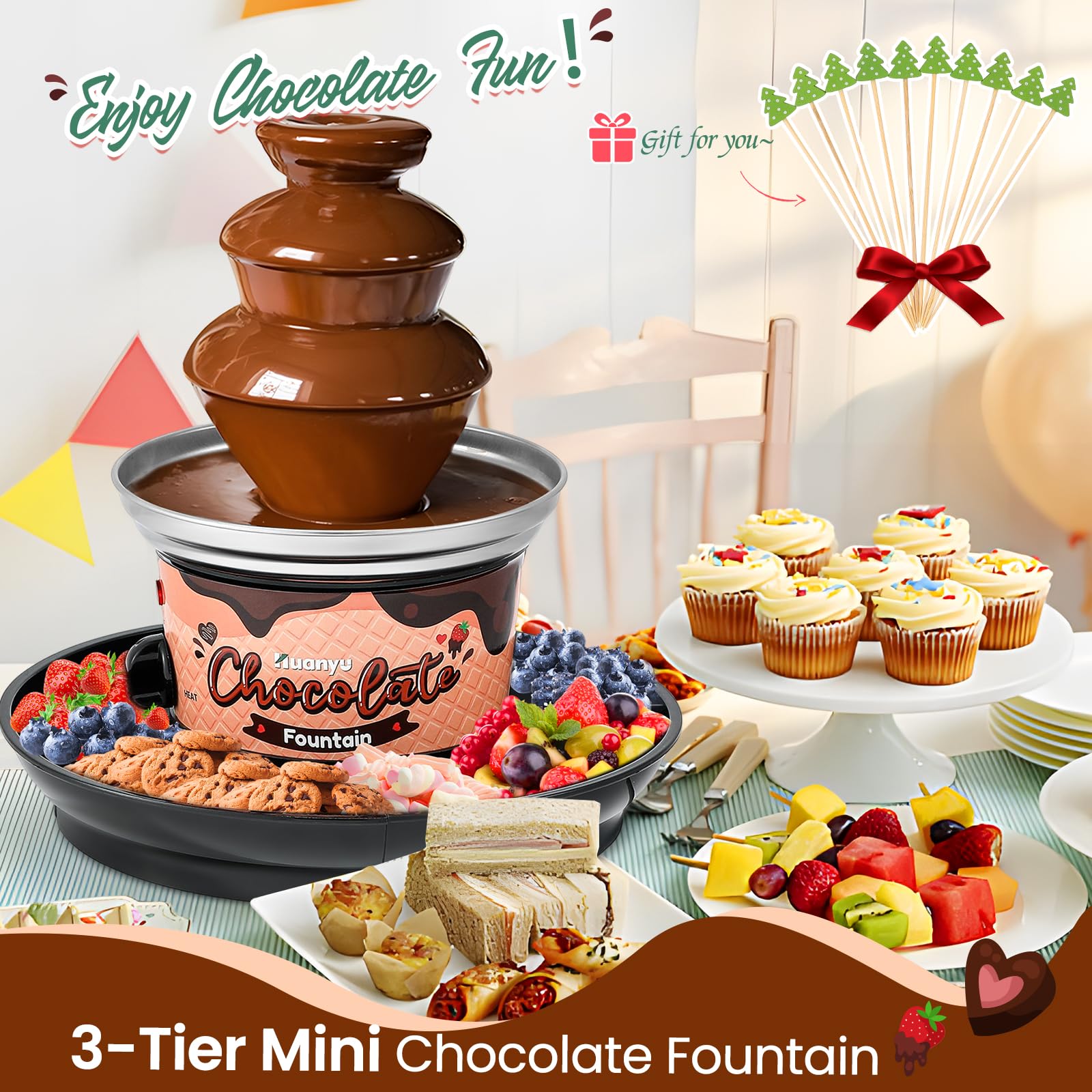 Huanyu Fuente de Chocolate de 3 niveles 10 pinchos de bambú Bandeja extraíble 450g Mini Chocolate Fondue Fuente para Fiesta Cumpleaños Boda Chocolate Nacho Queso Salsa Barbacoa Licores (negro)