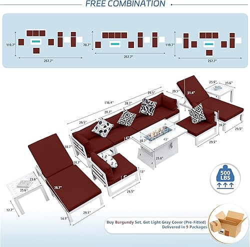 Miniatura 529 de NICESOUL 7 Piece White Powder-Coated Aluminum Patio Furniture with Fire Pit Table, 29 Inch Extra Wide Outdoor Sectional Sofa for 6, High-End Heavy