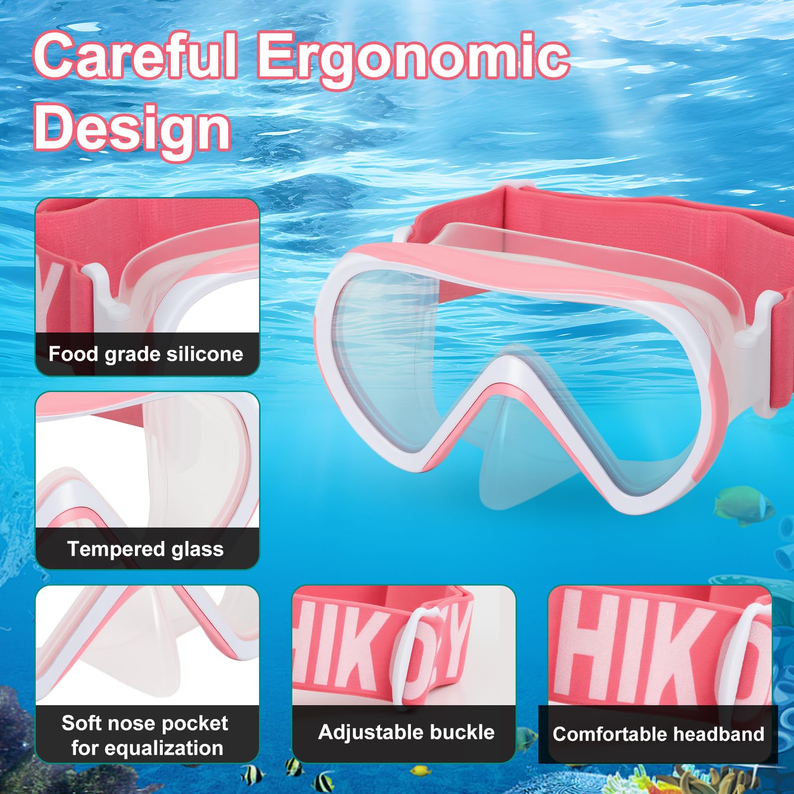 Dziecięce okulary do nurkowania z paskiem z materiału, maska zapobiegająca wyciekaniu i elastycznym paskiem z materiału, panoramiczna maska HD 180°, ochrona przed zaparowaniem, maska do