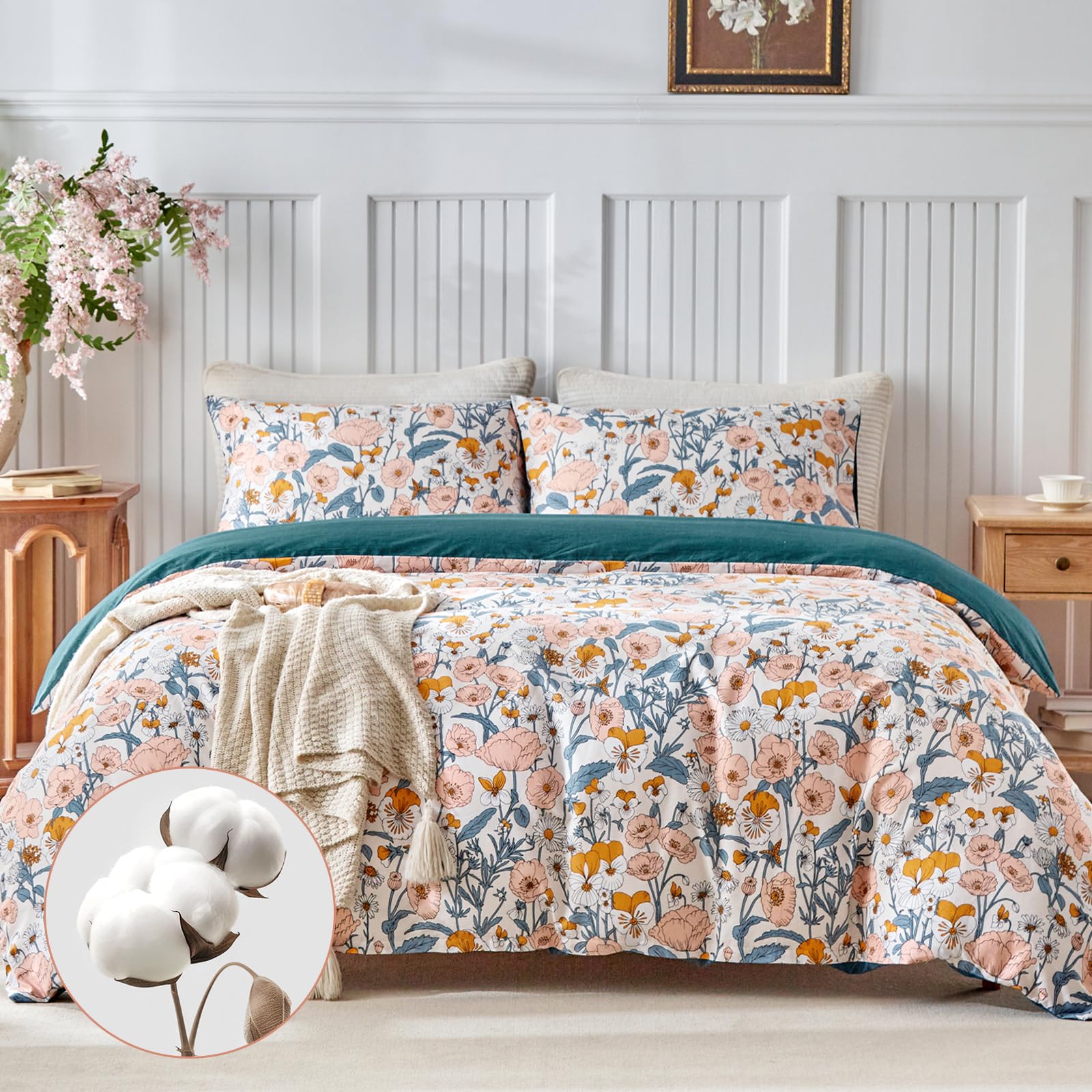 Lekesky Double Duvet Cover Set 240 x 220 cm, Cotton, 3 Pieces in Cotton with Floral Pattern, Including 1 Duvet Cover 240 x 220 cm + 2 Pillowcases 50 x 80 cm, Floral โ image 1