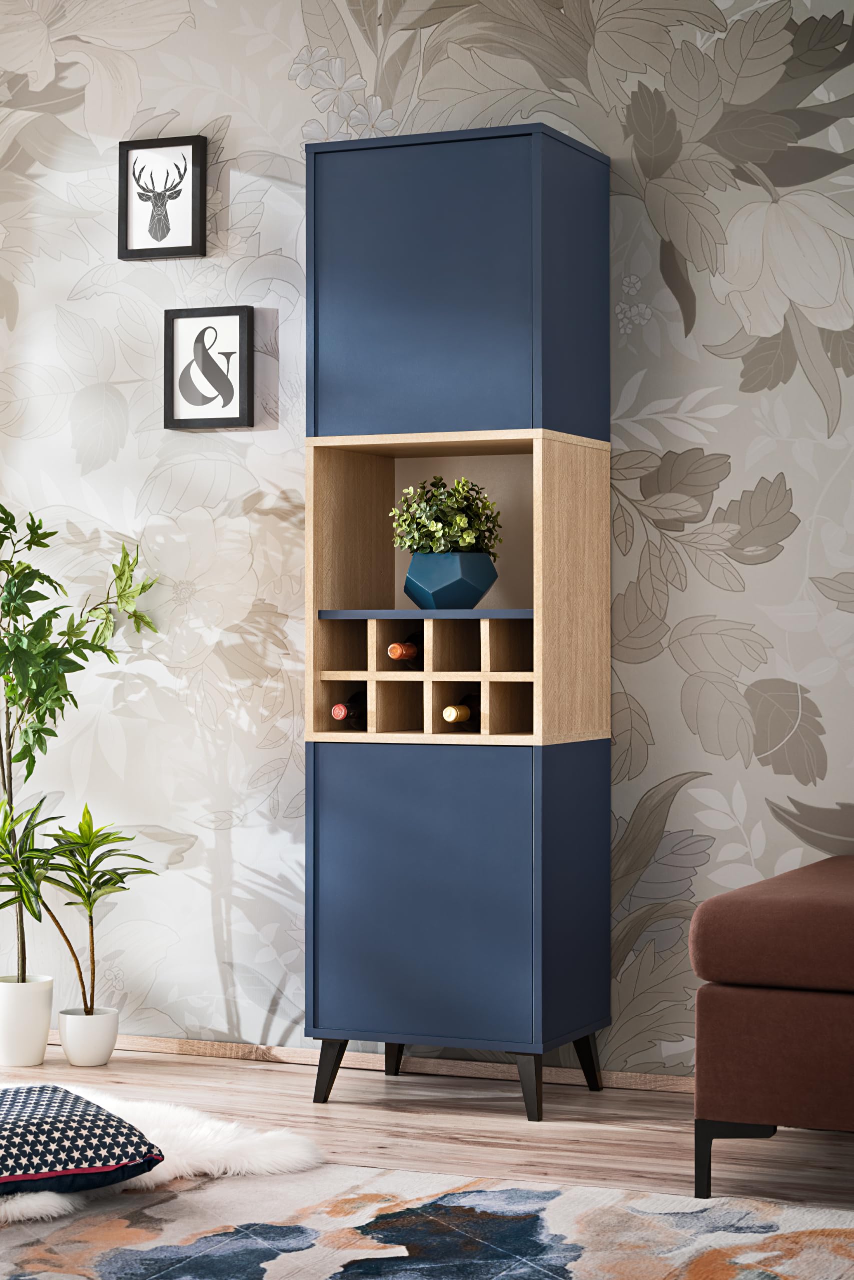 Komodee Buffet Fondi, vitrine Armoire à vin, 2 Portes, scandinave, pour Salon Cuisine Salle à Manger Bureau, Bleu, Bois Clair, 173x35x46 cm