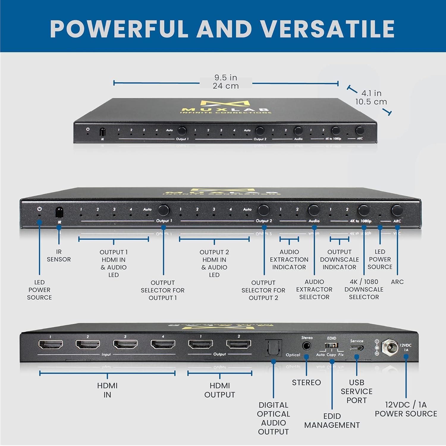 MuxLab 4x2 HDMI 2.0 4K 60hz Matrix Switcher | IR Remote | Supports 4K@60Hz | 4:4:4 | HDR | 4 in 2 Out | No Driver | Control with IR Remote | Push Button | Switcher and Splitter
