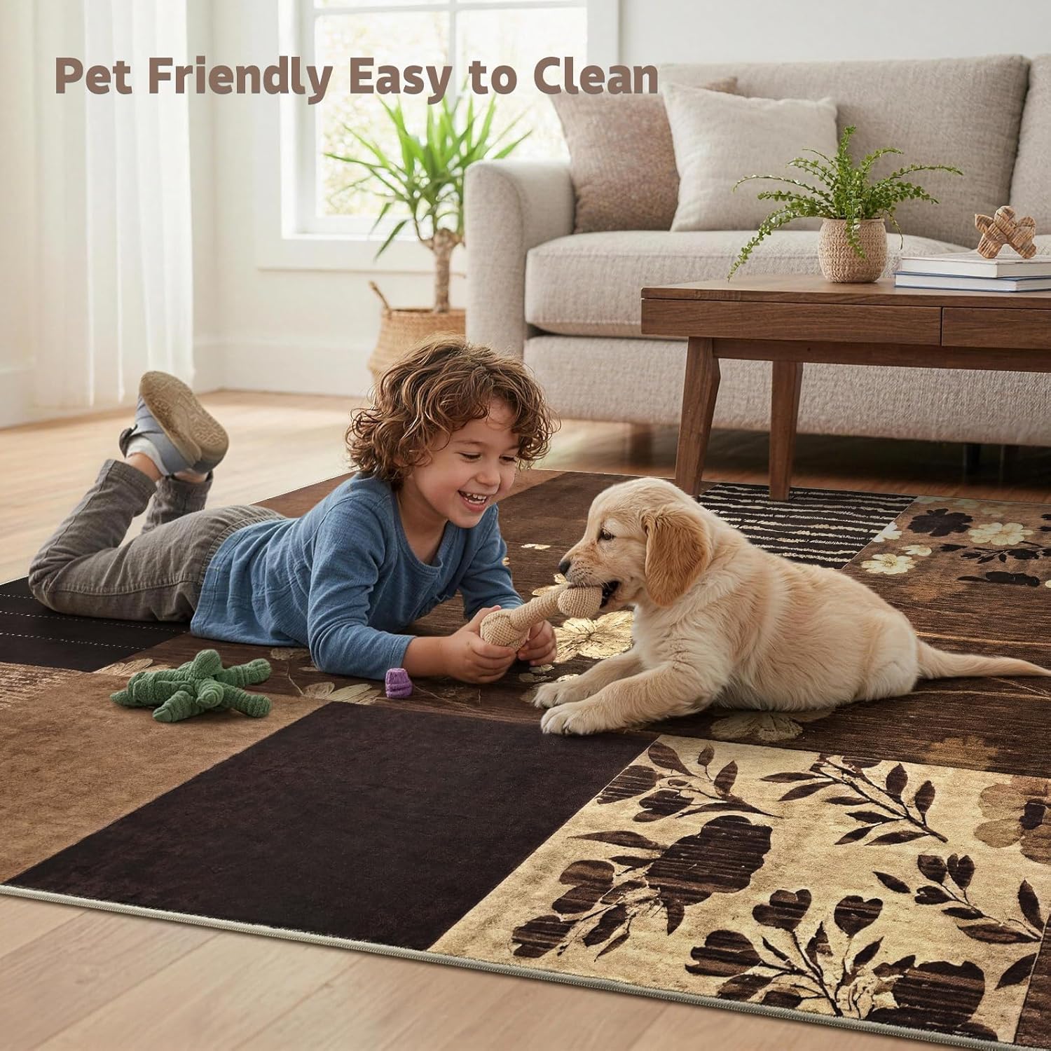 DweIke Washable 4x6 Area Rugs for Living Room, Soft Geometric Floral Bedroom Rug, Stain Resistant and Non-Slip Modern Throw Carpets for Office Dining Room Home Dorm Decor, Coffee