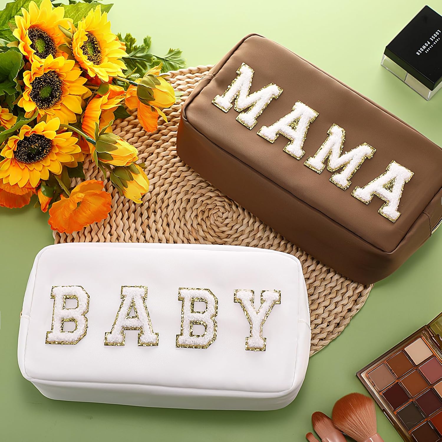 Sanwuta 2 Pieces Mama Gifts Makeup Bag Mom Pouch Birthday Gifts Nylon Cosmetic Bag Mothers Day Appreciation Toiletry Preppy Patch Chenille Letter for Women Her New Mom(Camel, White,Baby and Mama) - Image 2