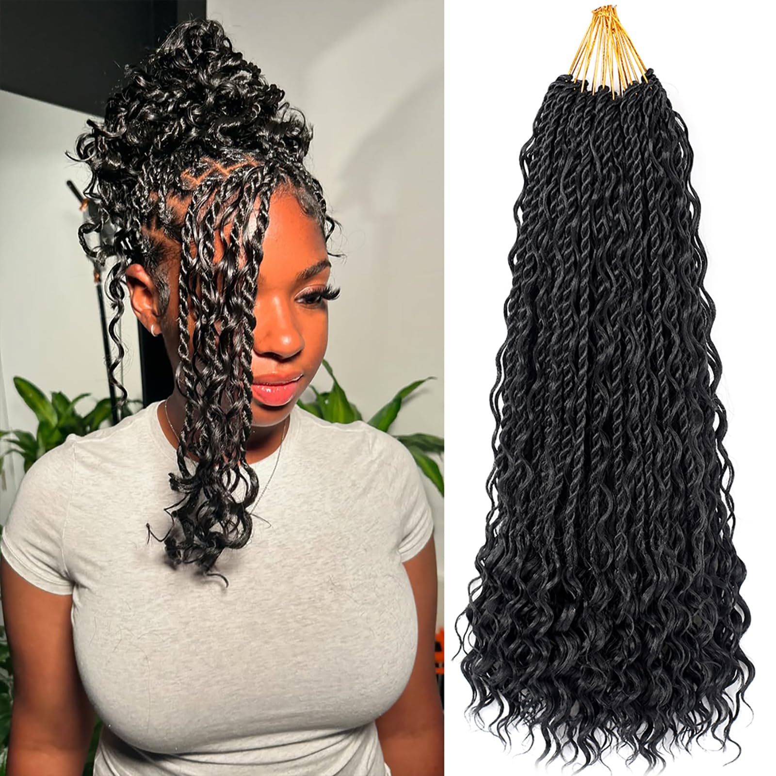 Pelo senegalés de ganchillo de 14 pulgadas con extremos rizados, trenzas de ganchillo bohemias, trenzas de ganchillo pretrenzadas para mujeres negras, extensiones de cabello trenzado negro natural (9