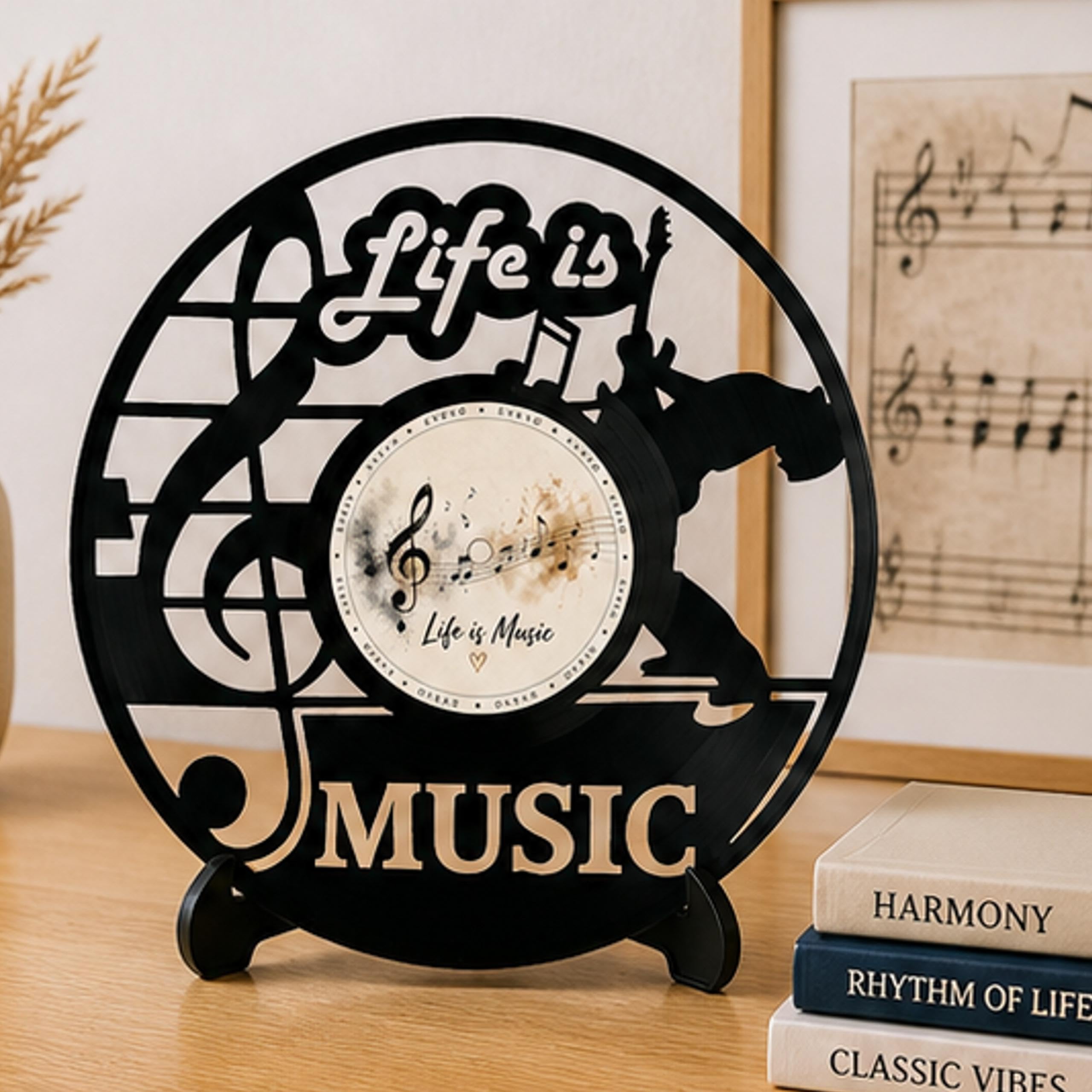 EVEVO Dekoracja ścienna z płyty gramofonowej Life is Music - winylowa sztuka ścienna, muzyka, obraz ścienny, prezent dla muzyków, miłośników muzyki audiofilów D0030