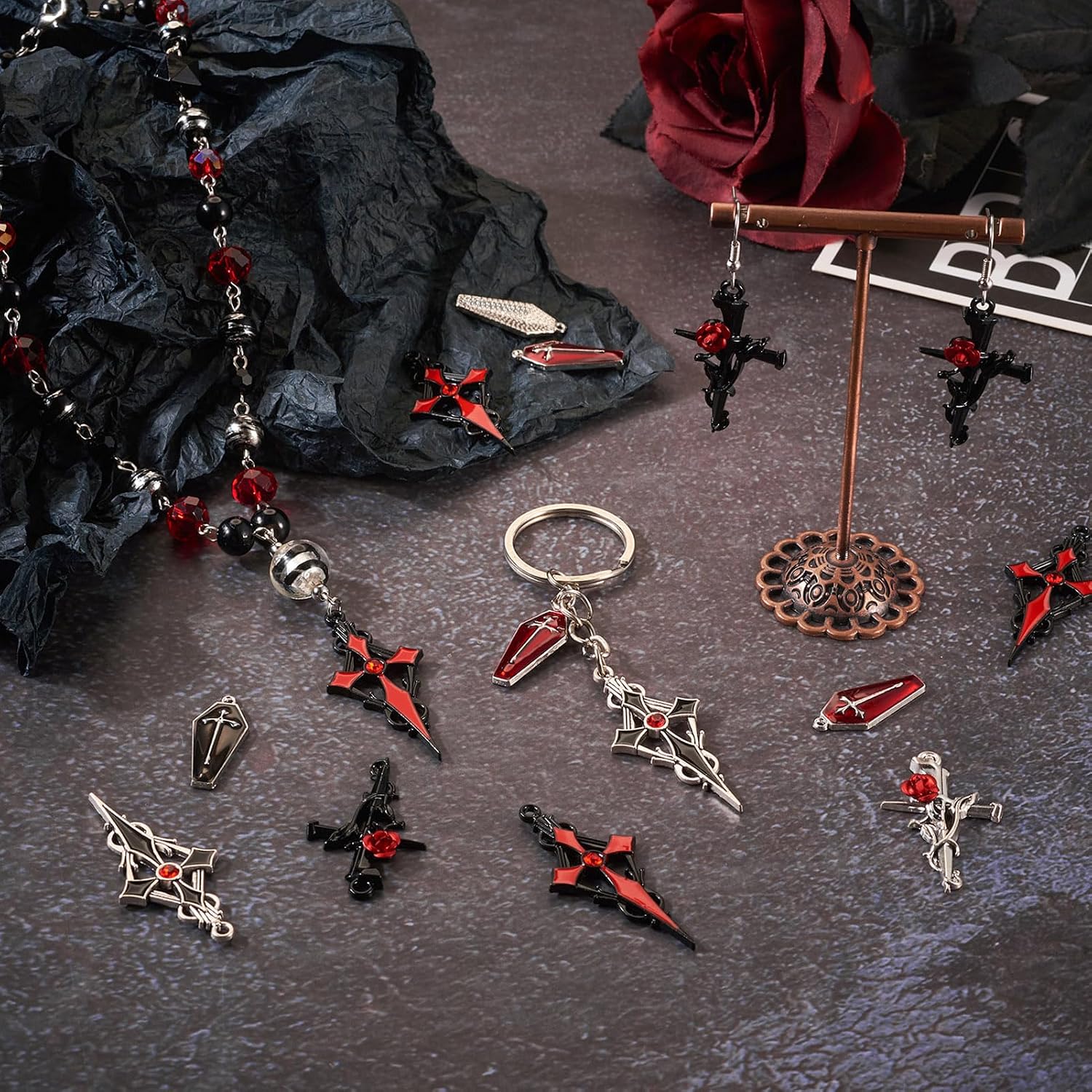 Gothic Charms Cross Heart Red Black Vintage Punk Small Cross Pendants for Halloween Crafts DIY Earring Jewelry Making Supplies