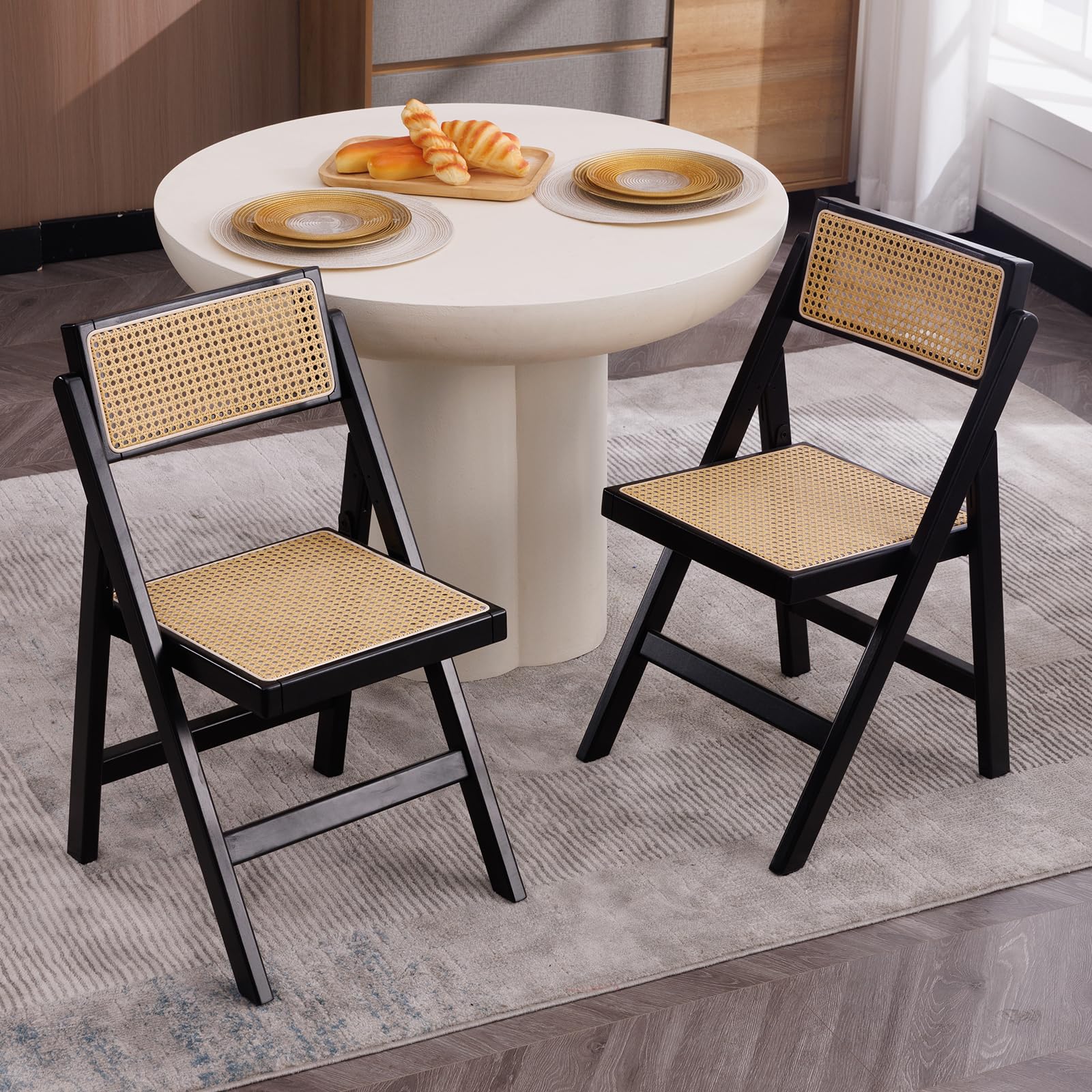 Ya-Home Folding Dining Chairs Set of 2 Wooden Foldable Rattan Kitchen Chairs with Wood Legs for Outdoor & Indoor Home Dining Room, Black