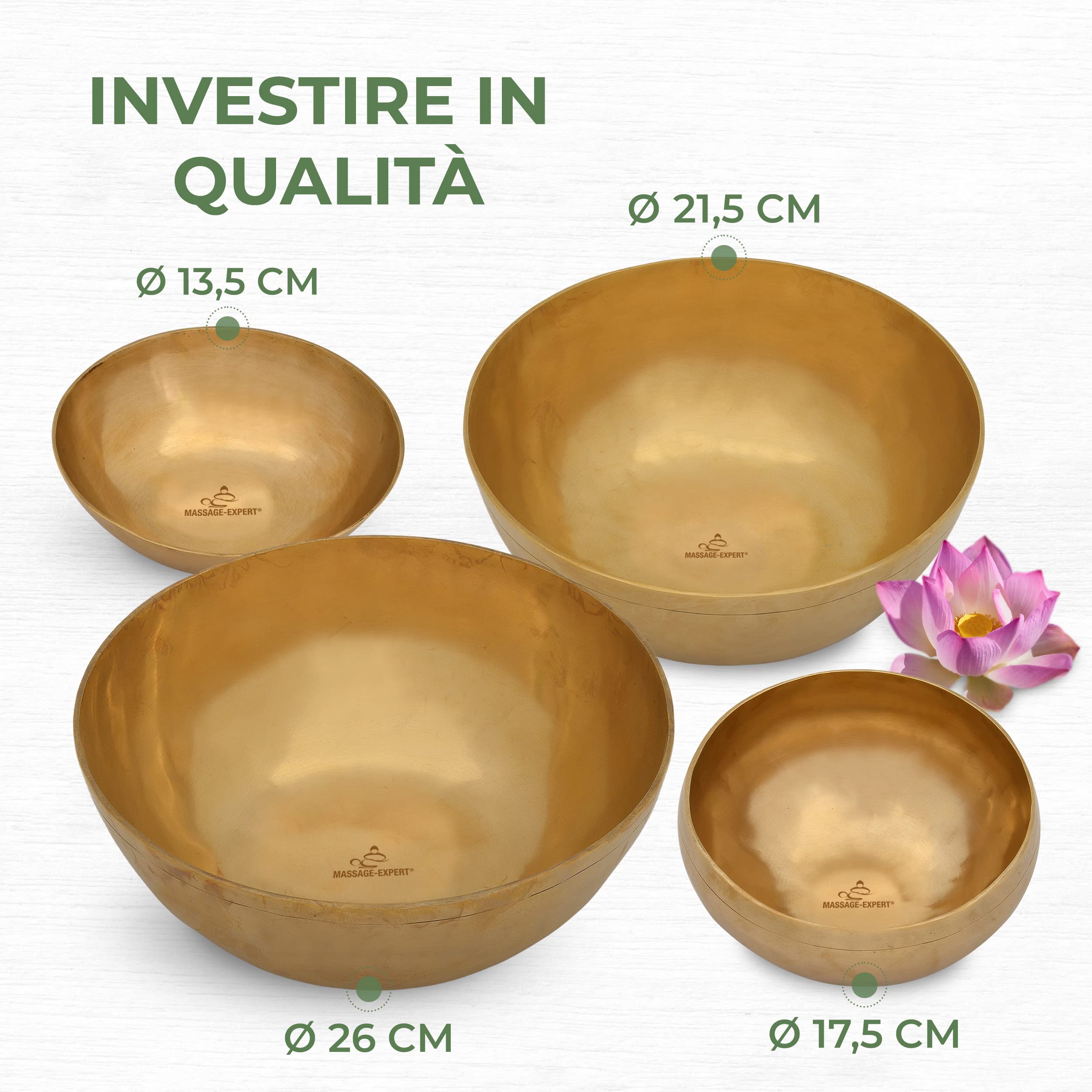 MASSAGE-EXPERT Set di ciotole tibetane PROFESSIONALE [4 campane tibetane], da mini Ø 13,5 cm - tono acuto a grande Ø 26,0 cm - tono profondo, per massaggio sonoro, terapia del suono, relax e yoga