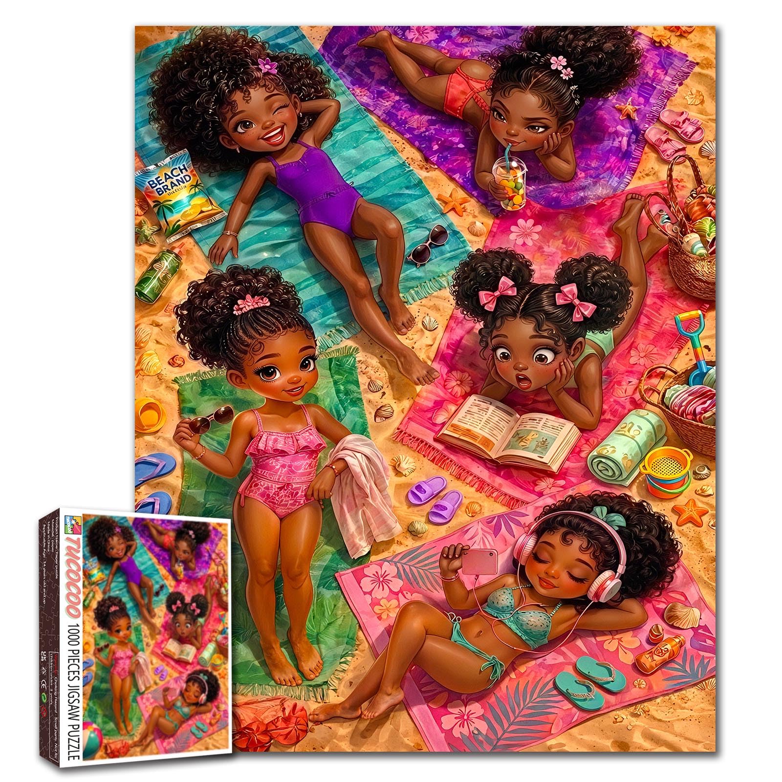 Cute African Girl Jigsaw Puzzle for Adults 1000 Piece, Summer Beach Friends Relaxing Puzzles Seaside Vacation Colorful Lifestyle Artwork for Home Decoration Gifts, Challenging Puzzle 19.7 x 27.6 Inch โ image 1