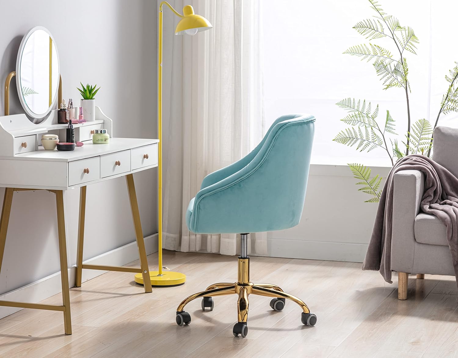 ZOBIDO Comfy Home Office Task Chair with Wheels, Cute Modern Upholstered Velvet Seashell Back Adjustable Swivel Vanity Desk Chair, for Women, for Girls, Living Room(Bright Blue)