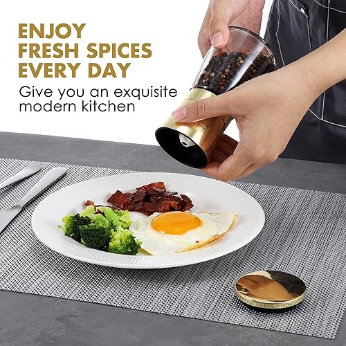 Miniatura 7 de vzaahu Molinillos dorados de sal y pimienta con embudo, cepillo, cubierta dorada ajustable, juego de molinillos de pimienta recargables para