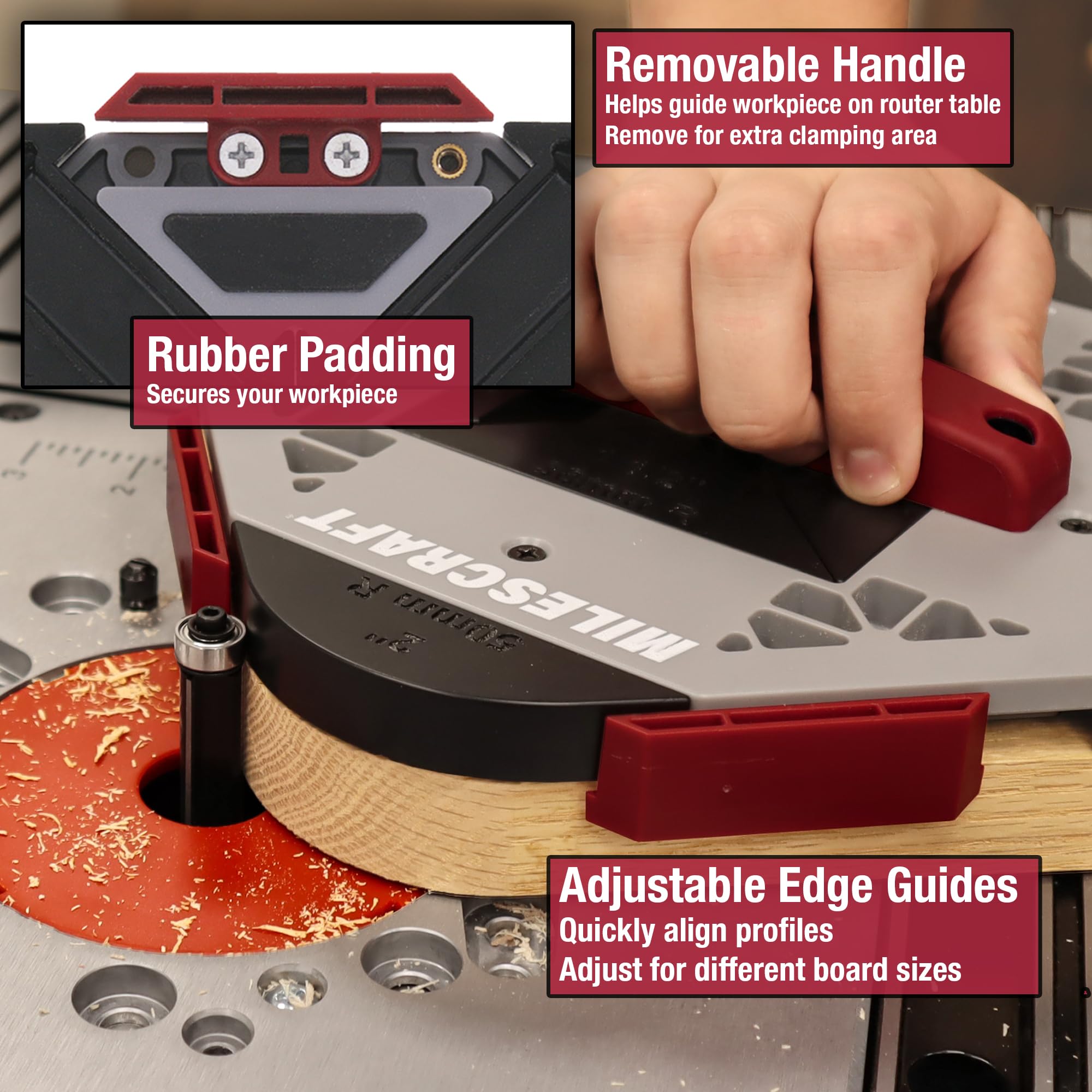 Milescraft 1232 Corner Cut - Plantilla de enrutador de esquina para carpintería y radio de esquina - Uso con enrutador de mano o mesa de enrutador - 8 perfiles con almacenamiento integrado. Broca de