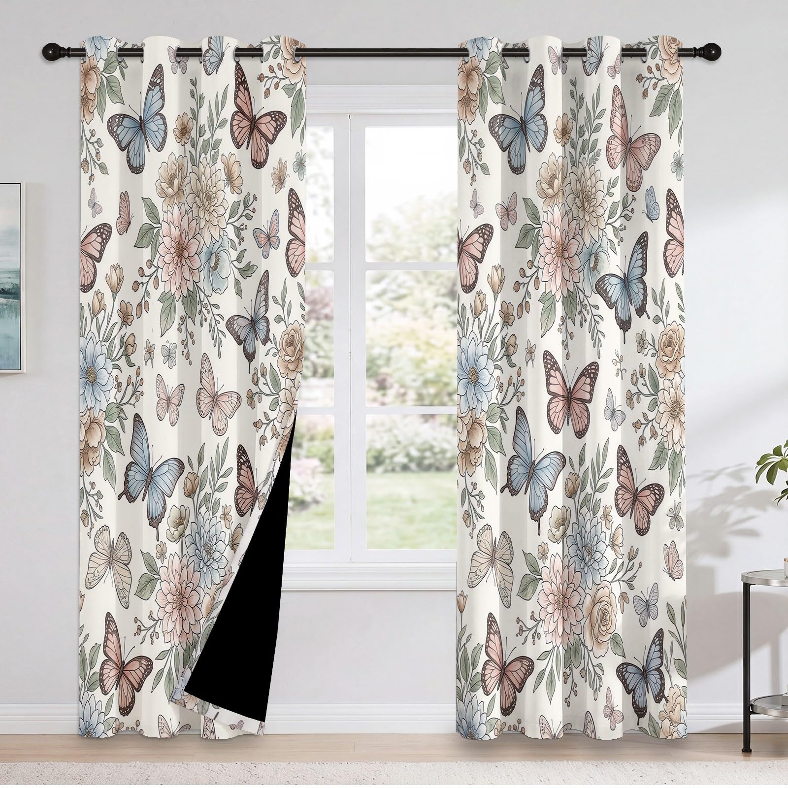 Rideaux Occultants Animal Floral 140L X 260H cm (2 Panneaux), Isolation Thermique Fixation par Oeillets Papillon Rustique & Fleurs Sauvages pour Chambre À Coucher, Rose