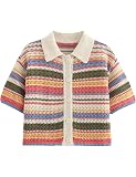 Womens Cropped Short Sleeve Polo Sweater Striped Button Up Collar Knit Tops Crochet T Shirt Rainbow Small