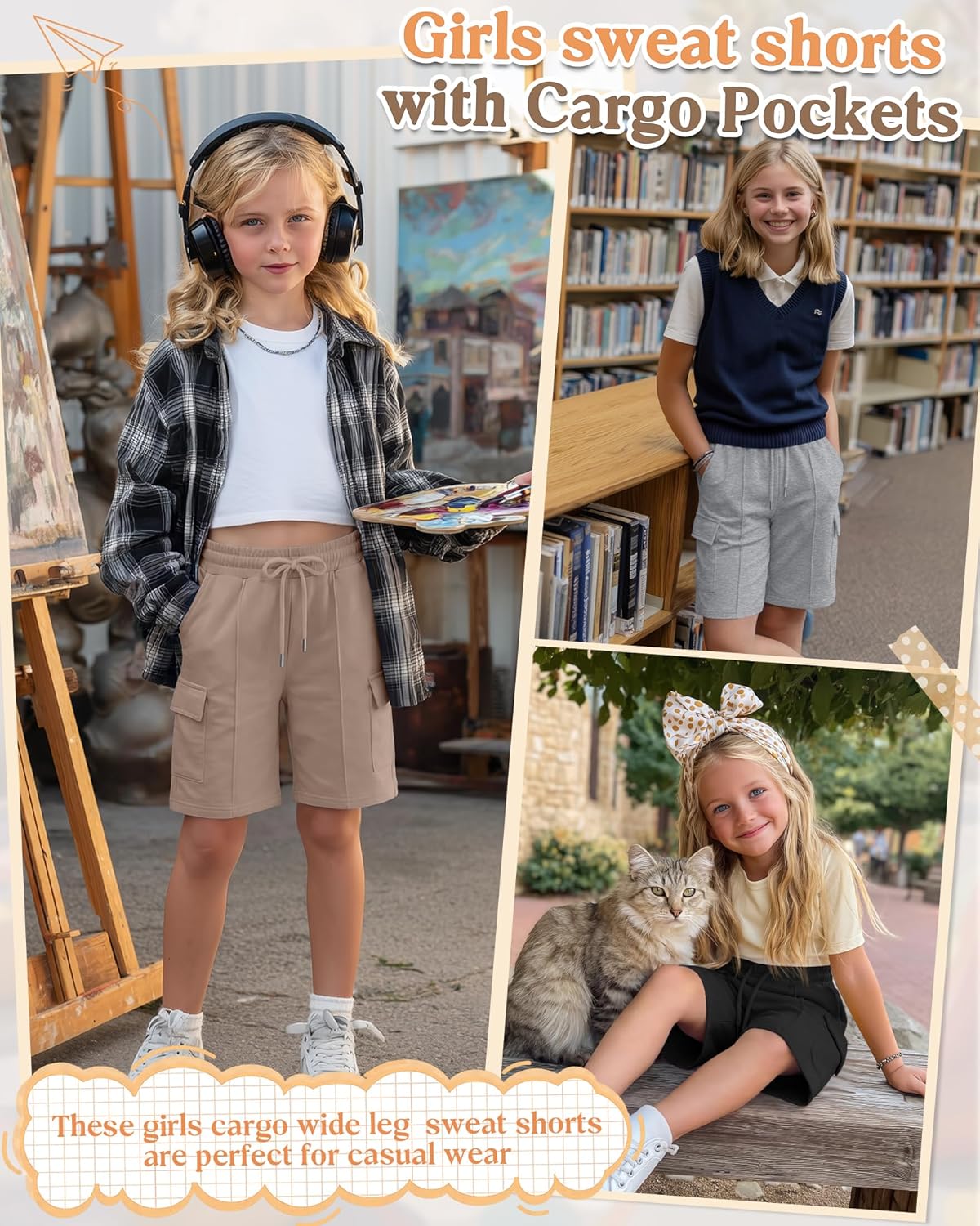 3 Pack Girls' Bermuda Cargo Shorts with 4 Pockets Knee Length Drawstring Wide Leg Casual Sweat Shorts for Ages 5-14