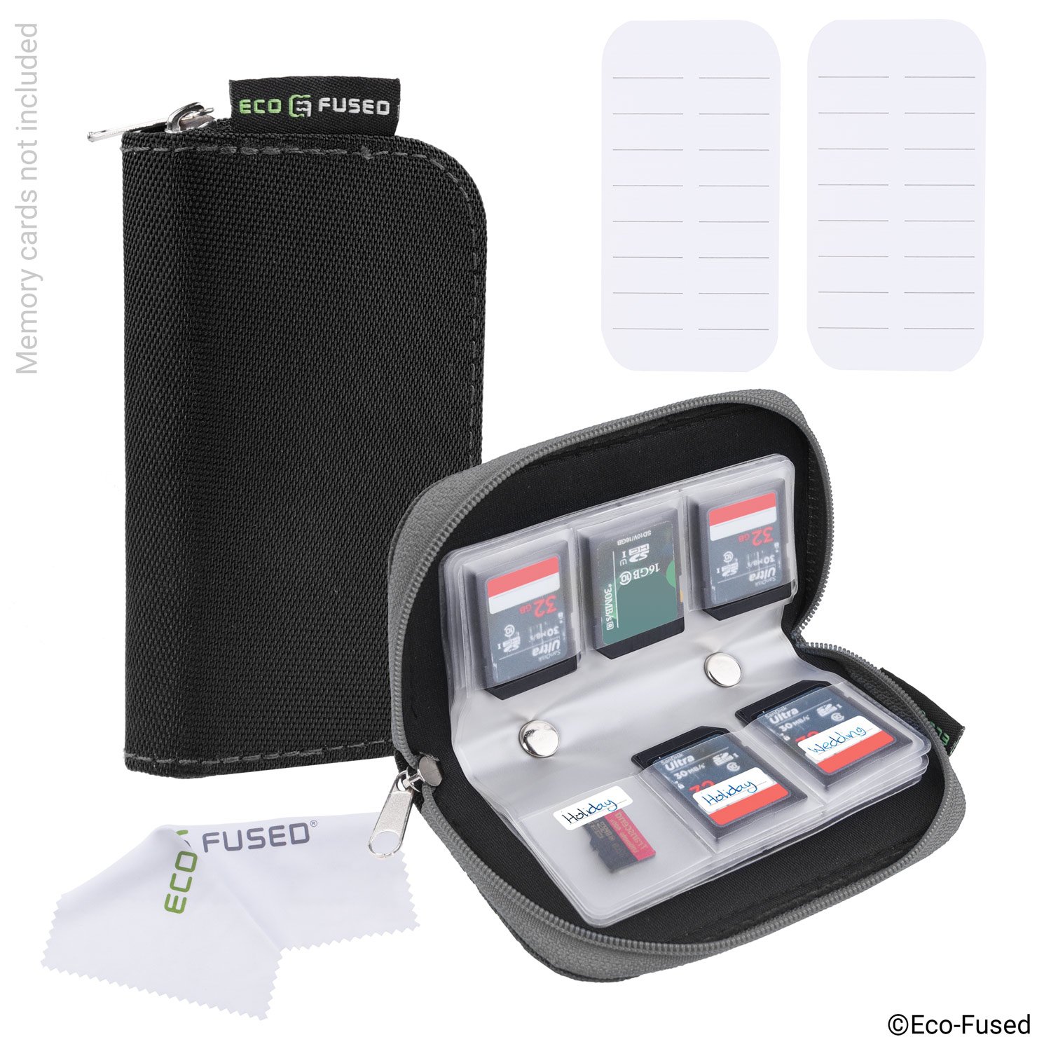 Eco-Fused Custodia per schede di memoria, adatta per schede SDHC e SD, 8 pagine e 22 scomparti, panno in microfibra incluso, confezione da 2, 44 scomparti, grigio e nero