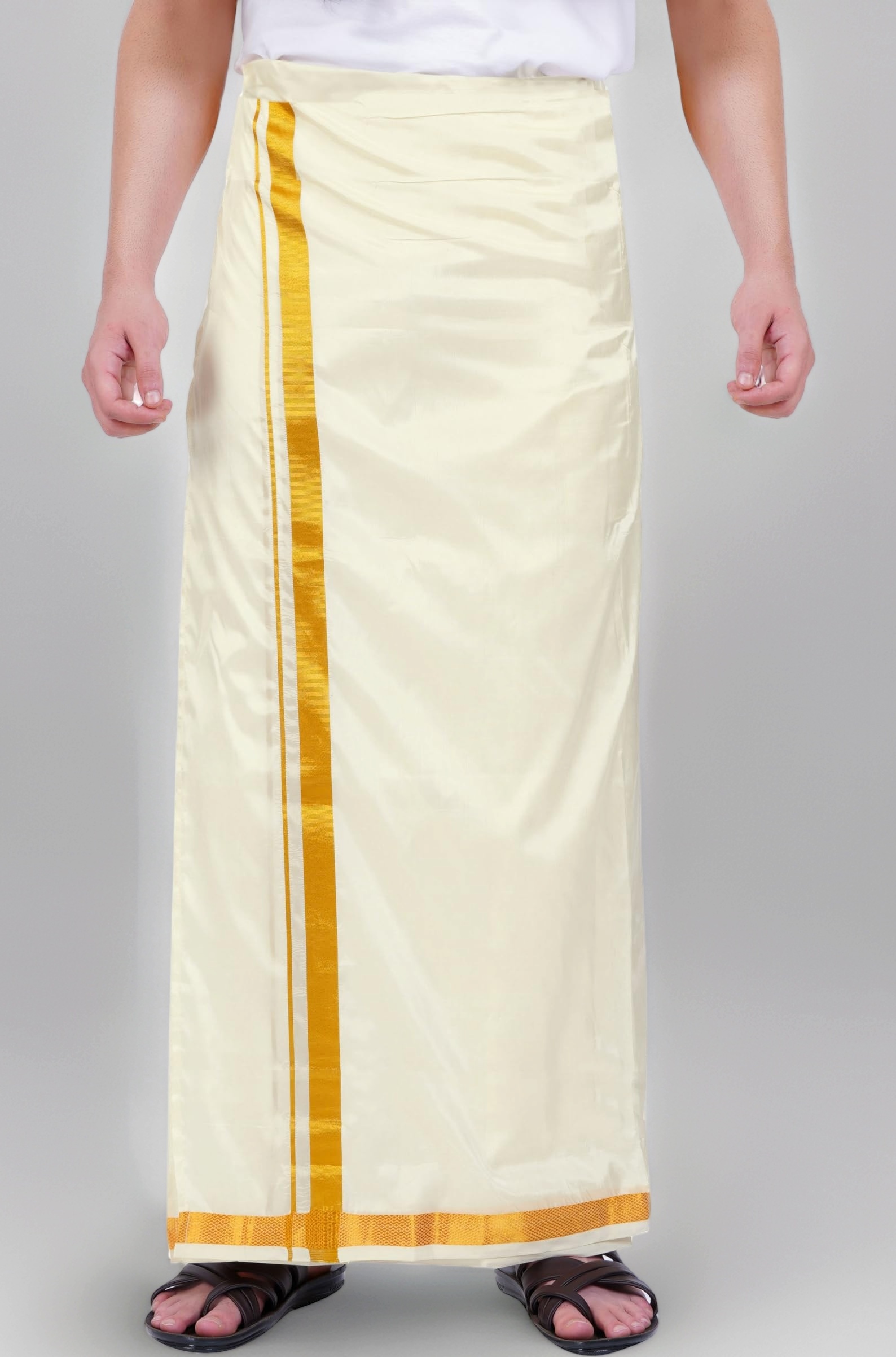 Mens Blended Silk type Jari Dhoti /Double dhoti 1.28 x 3.60 Meter / 8 Mulam vesti (CREAM-3IN-004)