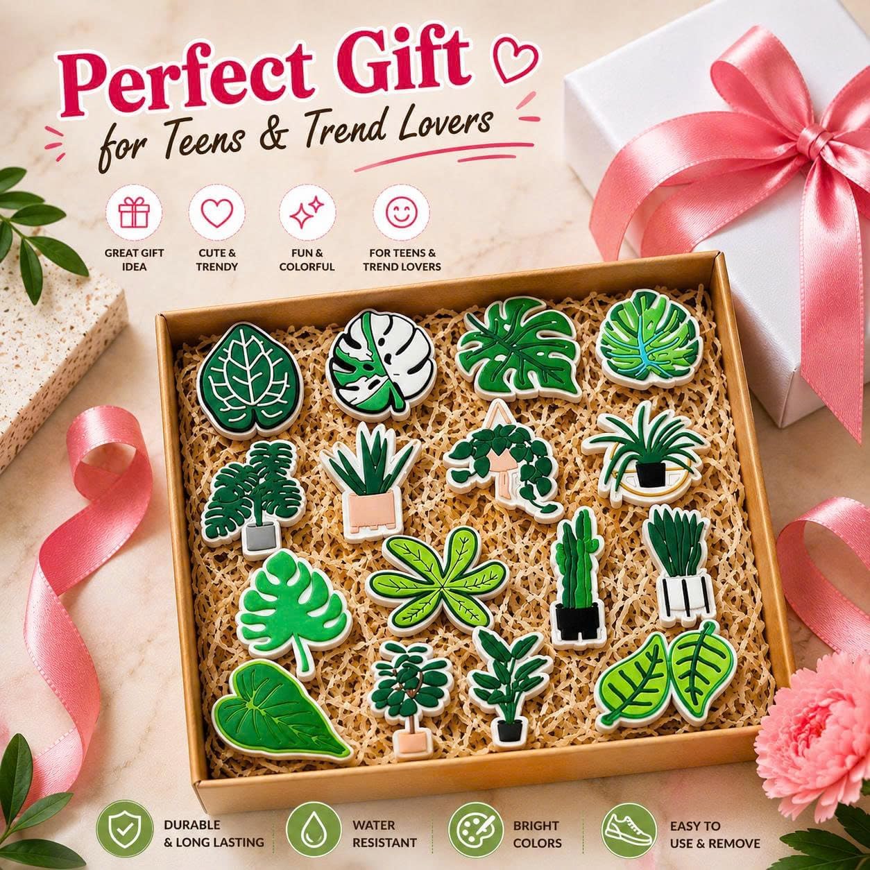 16pcs Plant Shoe Charms Set, Tropical Monstera Leaf PVC Charms for Clog Sandals, Cute Botanical Decorative Accessories, Green Nature Aesthetic for Women Teens Adults