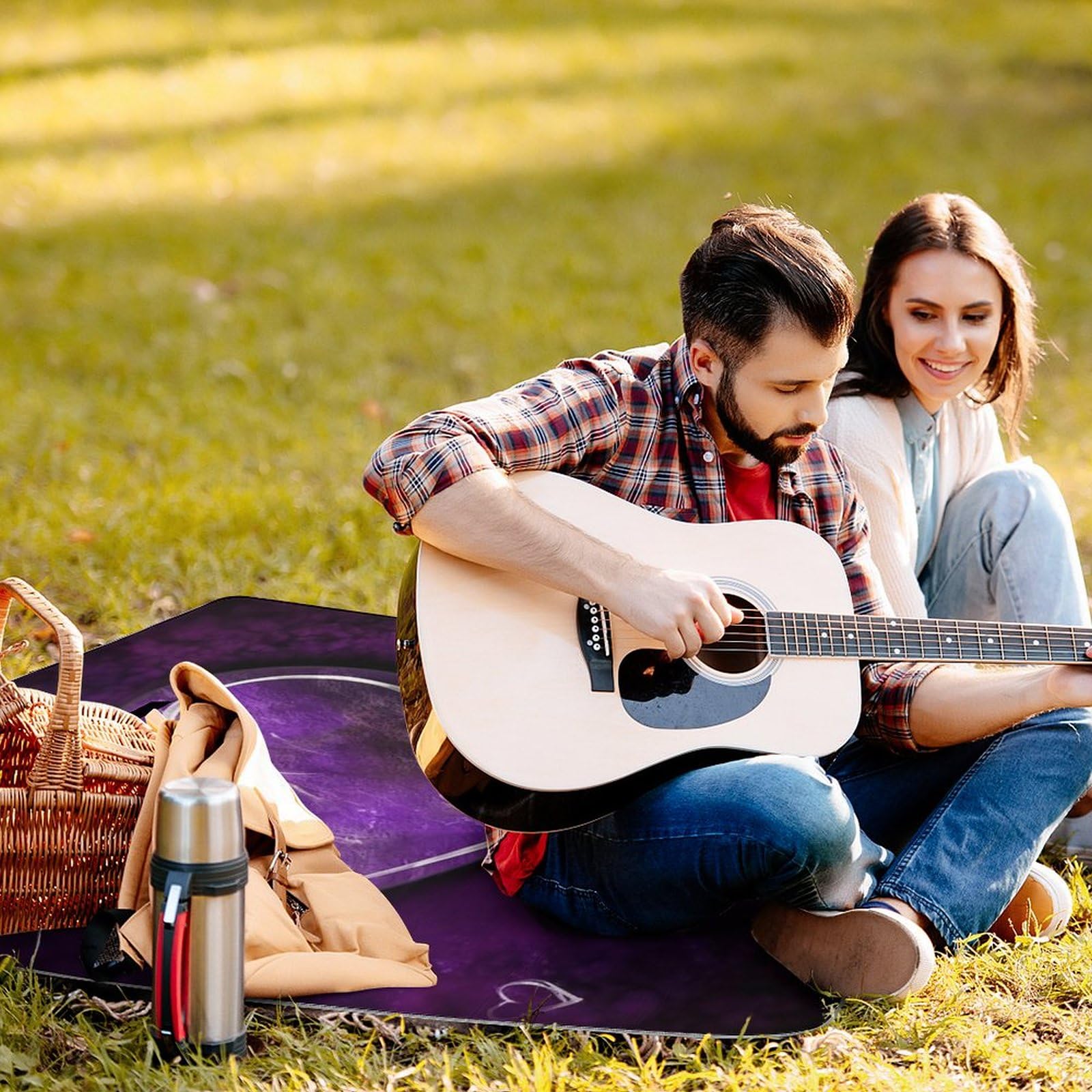 Tappetino da picnic con cuori viola, tappetino pieghevole impermeabile con borsa tote grande tappetino da picnic all'aperto 147,3 x 147,3 cm coperta da campeggio per spiaggia, parco, viaggi