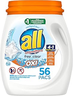 All Mighty Pacs Laundry Detergent With Oxi Stain Removers and Whiteners, Free Clear, Tub, 56 Count