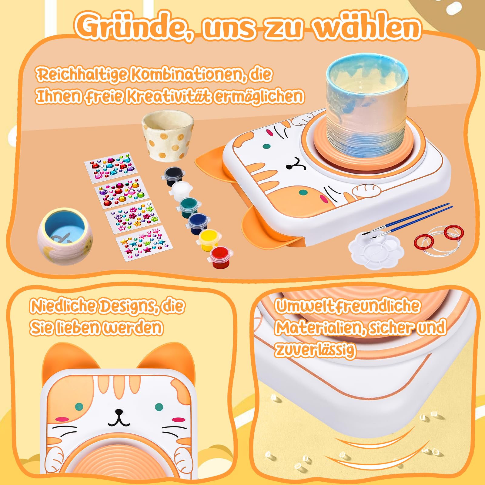 IEEILULU Töpferset für Kinder, Töpferscheibe Elektrisch für Kinder, Mini Töpferscheibe mit Töpferton, Farben, Diamant Aufkleber, Pottery Set DIY Töpfern Bastelset Geschenke Mädchen (Kaninchen)