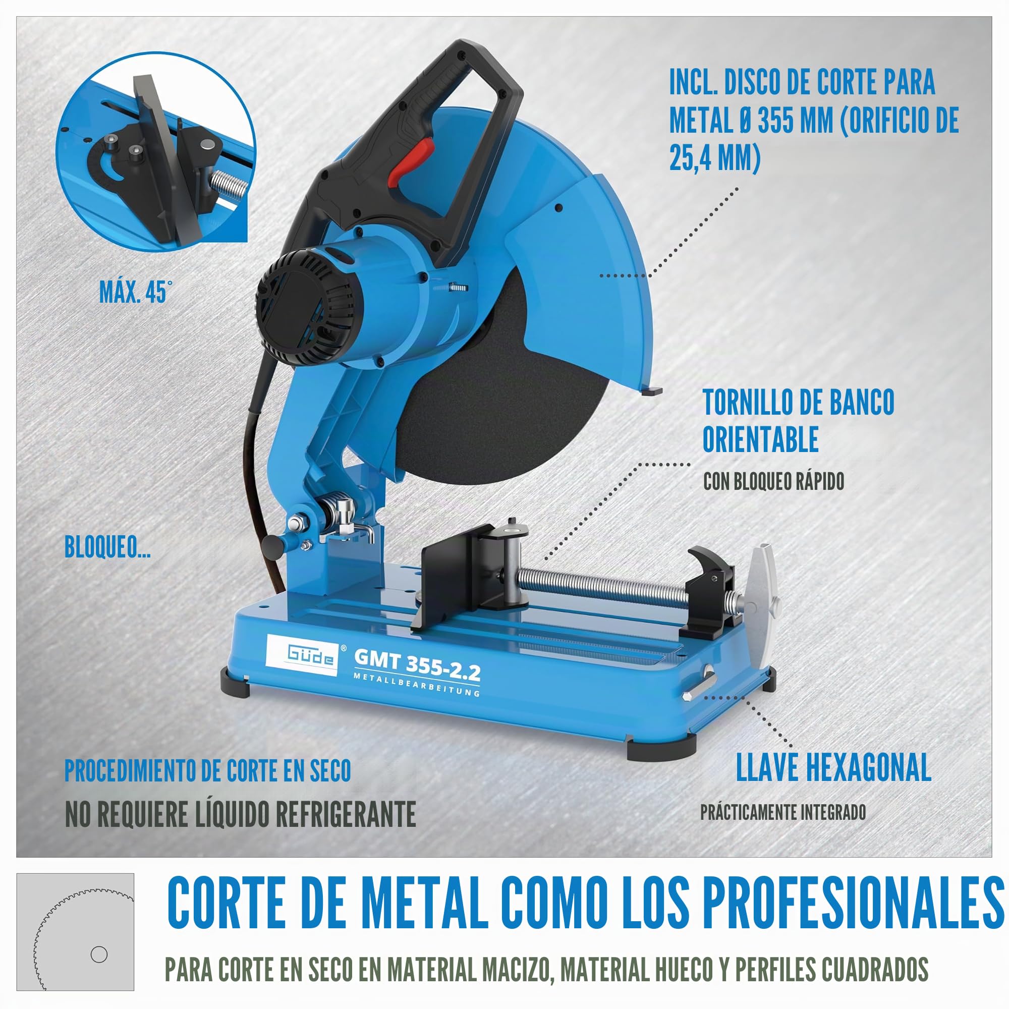 Güde 40556 Sierra de metal GMT 355-2.2 (disco de corte de metal, interruptor de seguridad, tornillo de banco, potencia del motor de 2,2 kW)