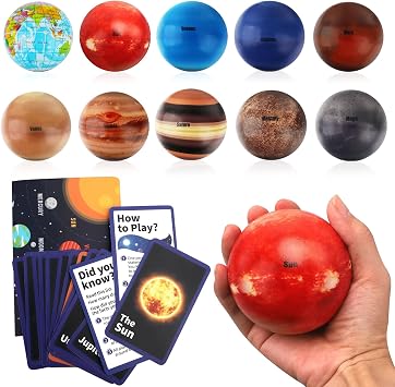 Mini Foam Plants Balls Toy, 10 PCS Solar System Stress Balls for Kids Adults, Squeeze Global for Stress Relief, Science Kit Gift for Early Learning, Classroom Prize for Boys Girls with Flash Cards