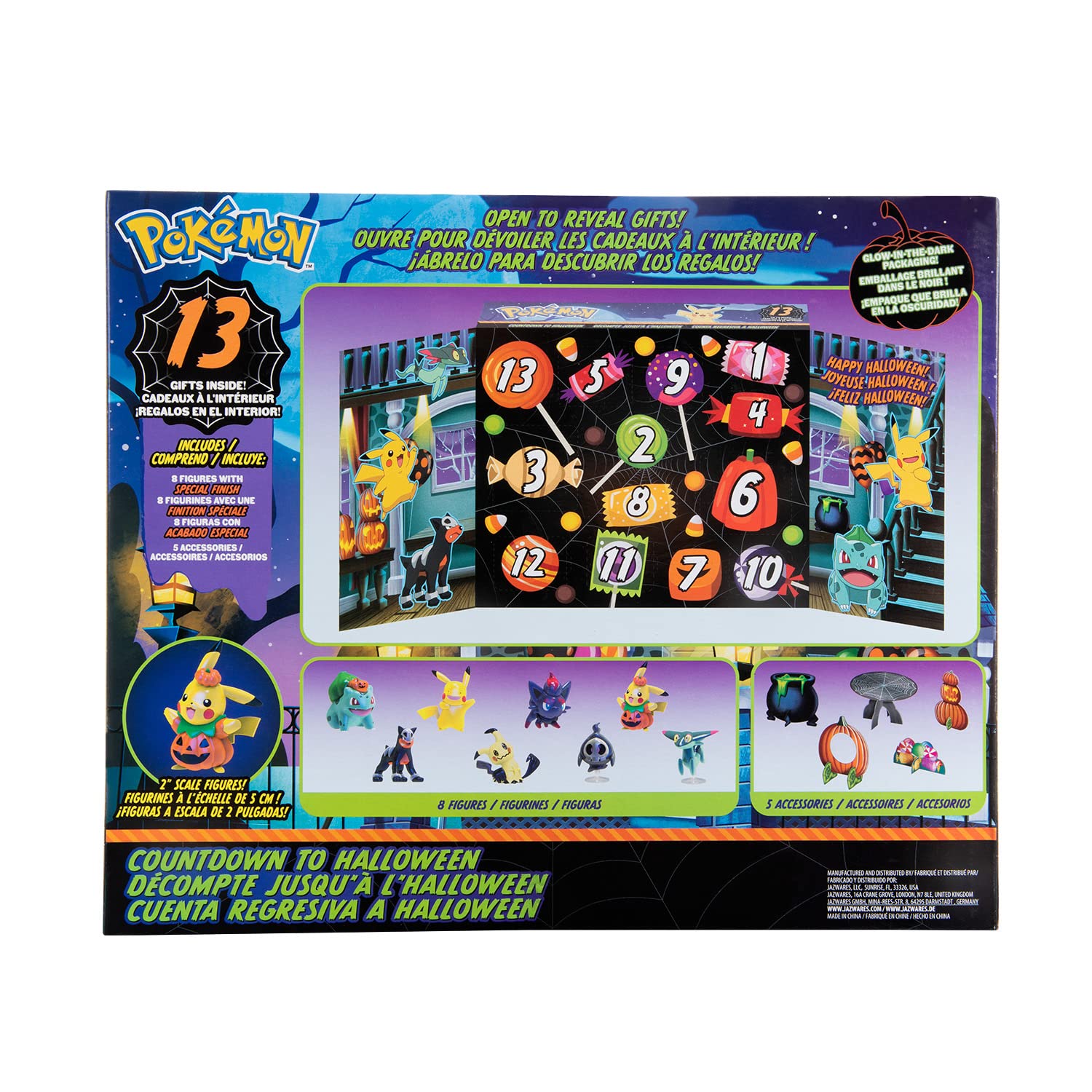 Bandai PKW2688 - Calendario de Adviento de Halloween (8 figuras Pokémon y 5 accesorios), diseño de Pikachu, Zorua, Malosse, Bulbizarre, Fantyrm, Skelenox y Mimiqui