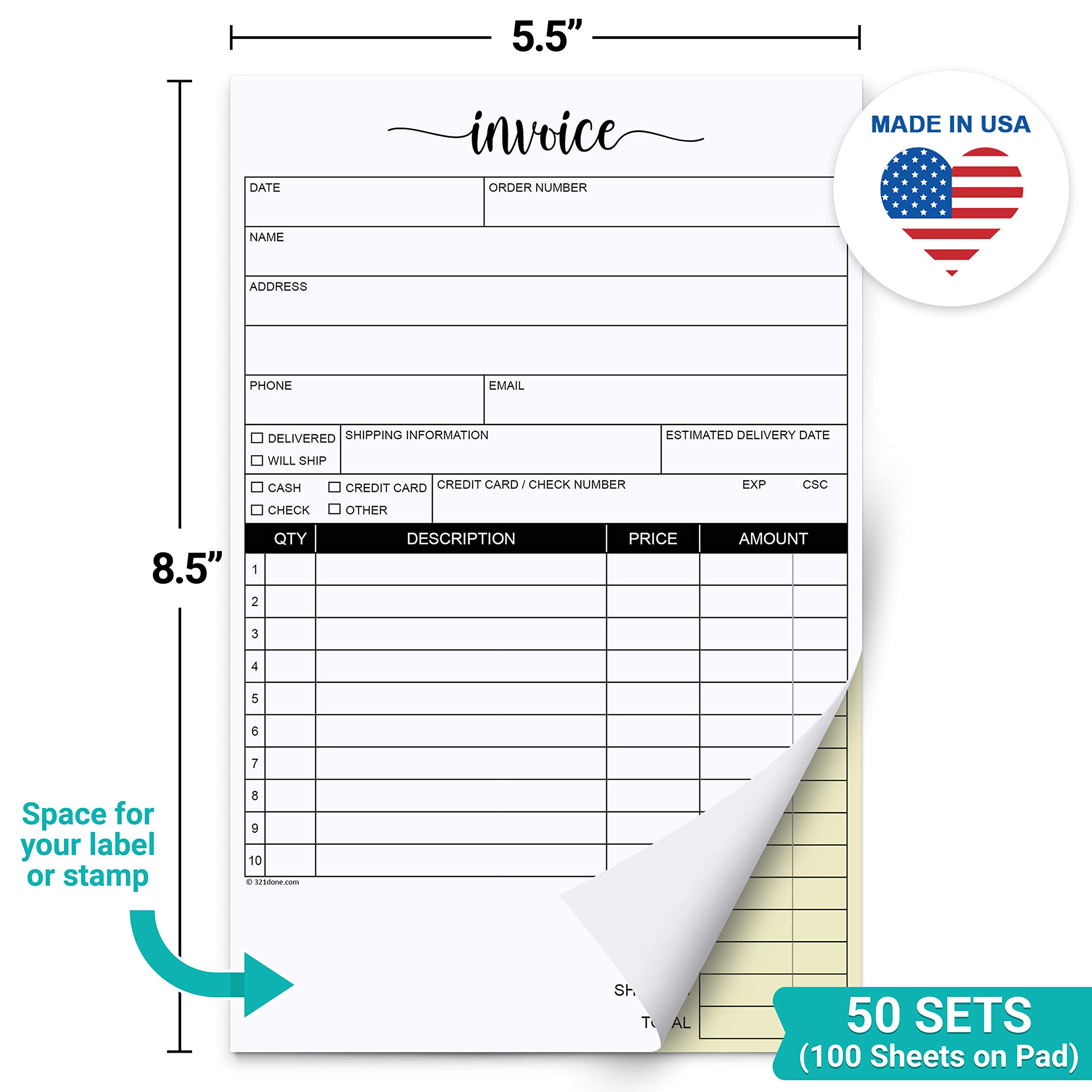 Buy 321 Done Invoice Pad, 5.5x8.5 Small 2Part Carbonless, Made in USA