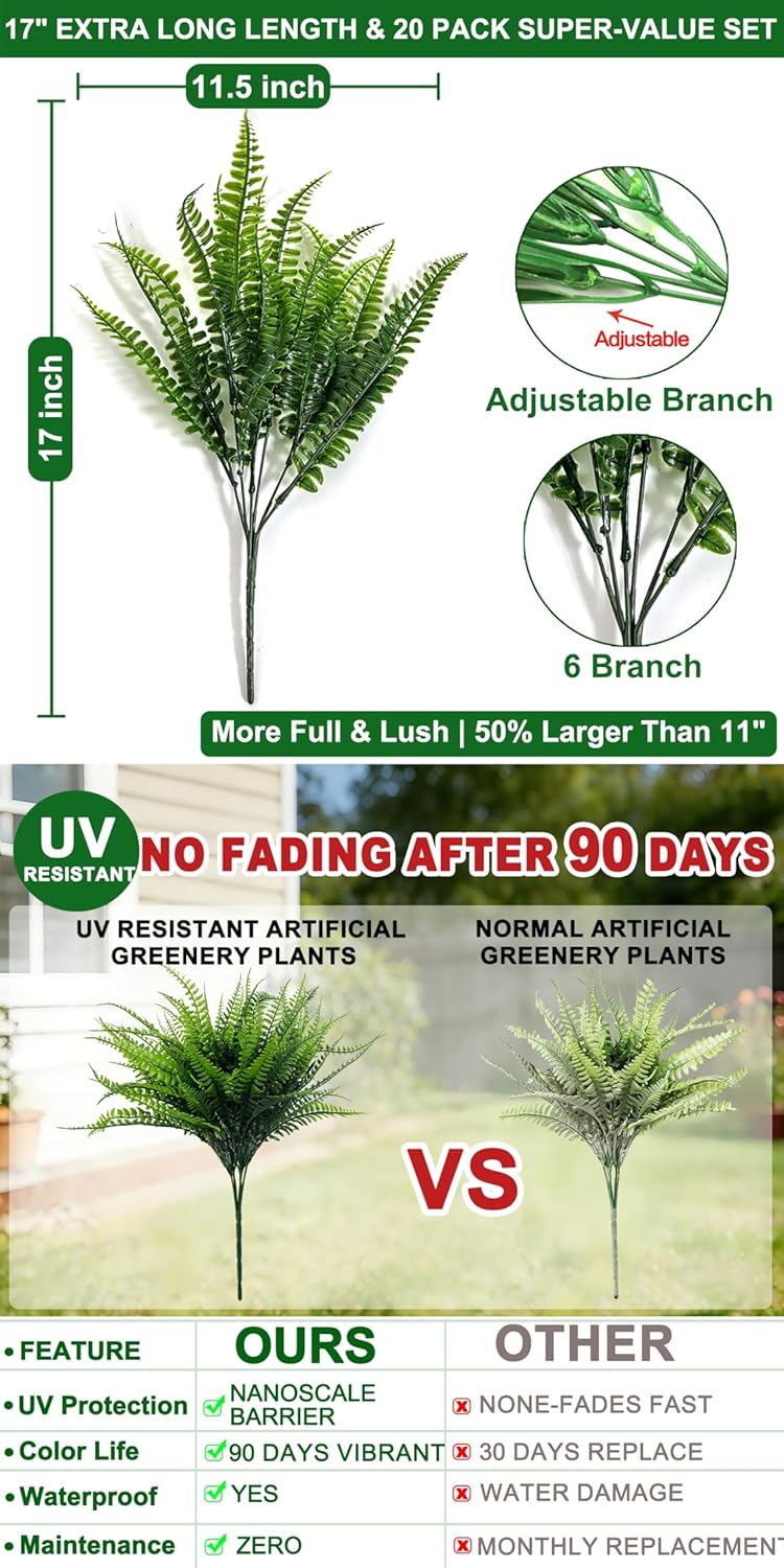 TURNMEON 20 Bundles Artificial Plants Outdoor Faux Boston Fern 17 Inch Long Length Summer Decor, Fake Plants UV Resistant No Fade Plastic Greenery Shrubs Flowers for Garden Porch Indoor Cemetery Decor