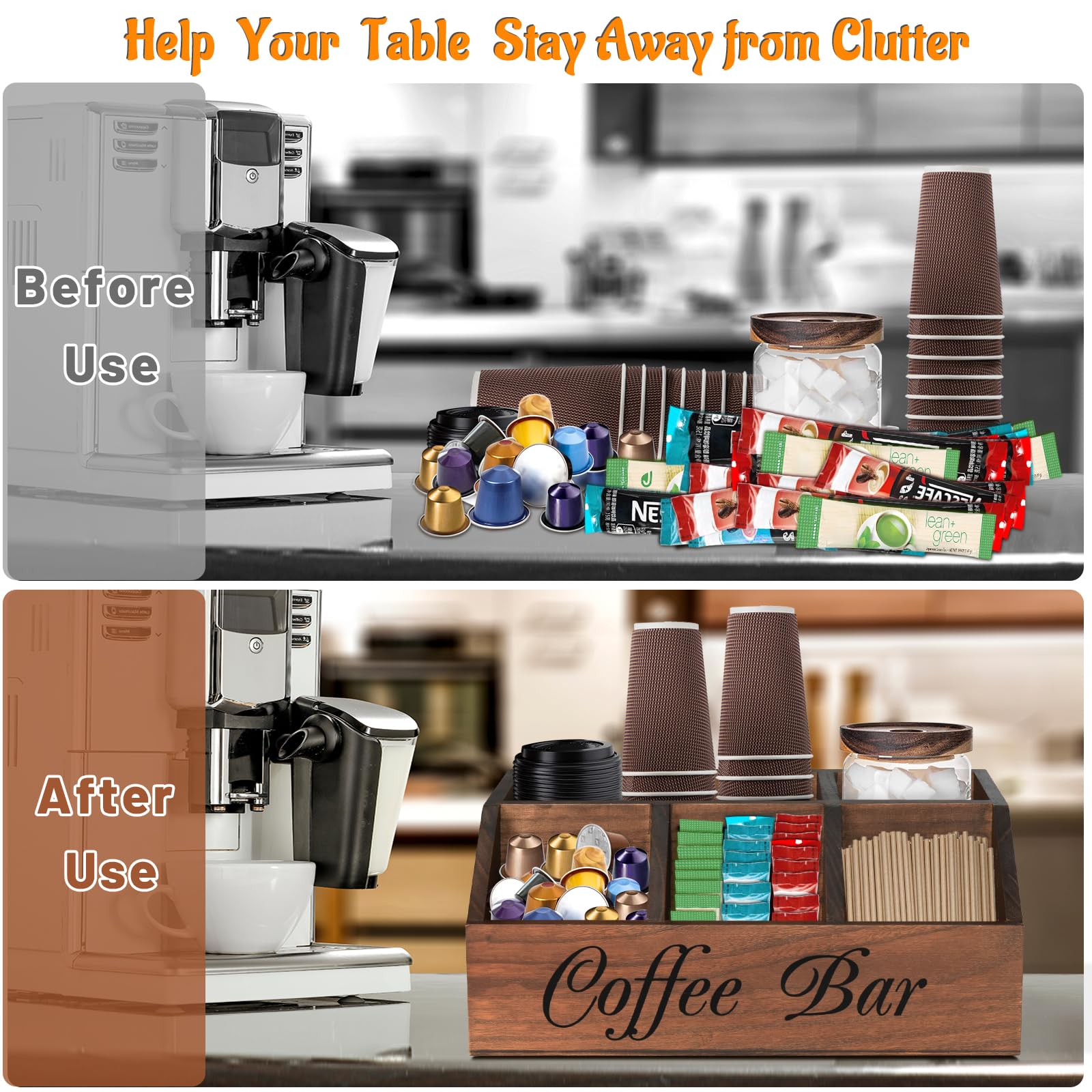 ugiftt Organizador de estación de café para mostrador, cesta de almacenamiento de cápsulas de café de madera, organizador de almacenamiento de condimentos de café y té, decoración rústica de barra de
