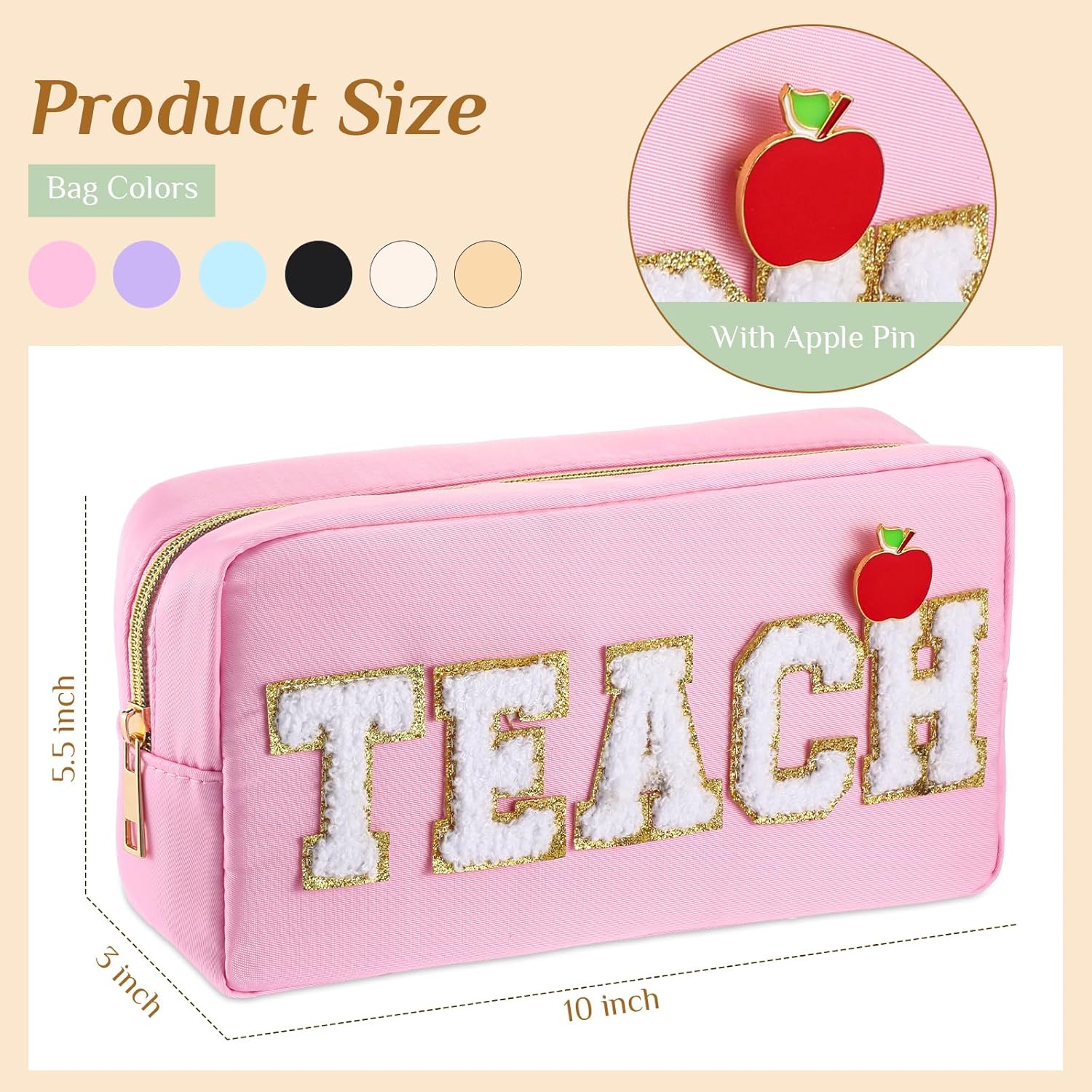 Kacctyen 6 Pcs Teacher Appreciation Gifts Teach Bags Bulk Chenille Makeup Bag Pouch Zipper Cosmetic Bag with 6 Pcs Preppy Apple Pins for Students Teacher Women School Graduation Retirement Gifts