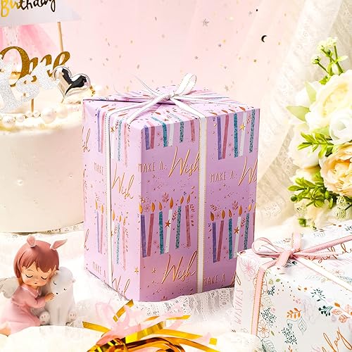 Miniatura 2 de LeZakaa Rollo de papel de regalo de cumpleaños mini rollo impresión de pasteles flores velas para niñas mujeres envoltura de regalo de 17 x 120