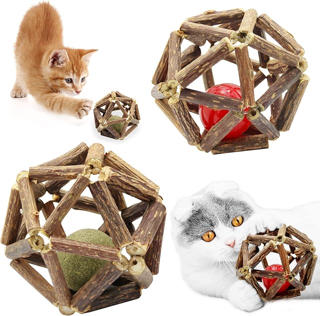 Hioph 2 Pcs Cat Toy Interactive Catnip Balls, Natural Teeth Grinding Chew Mint Ball for Cat, Pet Chasing Wood Rolling Bell Toy, Cat Snack Toy Increasing Appetite and Teeth Cleaning Dental Care Molars